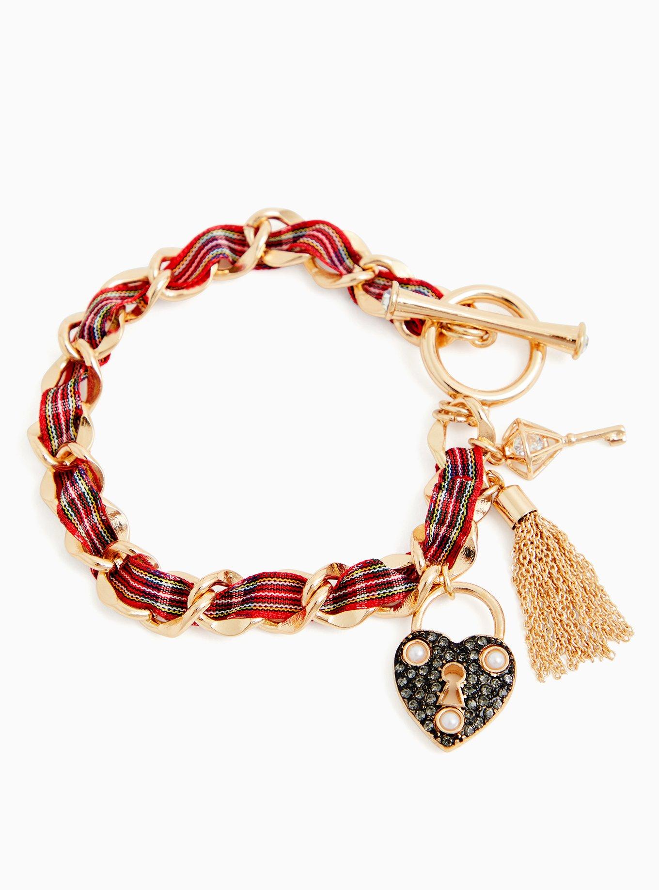 Plus Size Betsey Johnson Gold-Tone & Red Plaid Heart Lock and Key Charm Bracelet , , alternate