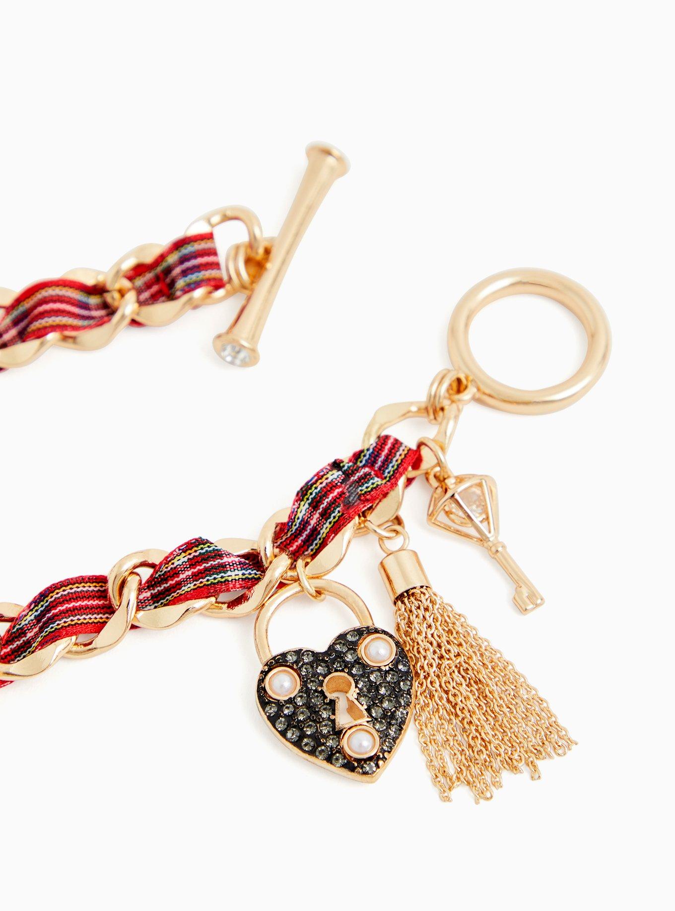Plus Size Betsey Johnson Gold-Tone & Red Plaid Heart Lock and Key Charm Bracelet , , alternate