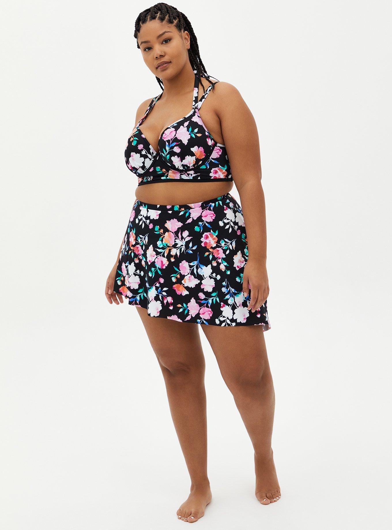 Plus Size Underwire Halter Plunge Bikini Top, BLACK FLORAL, alternate