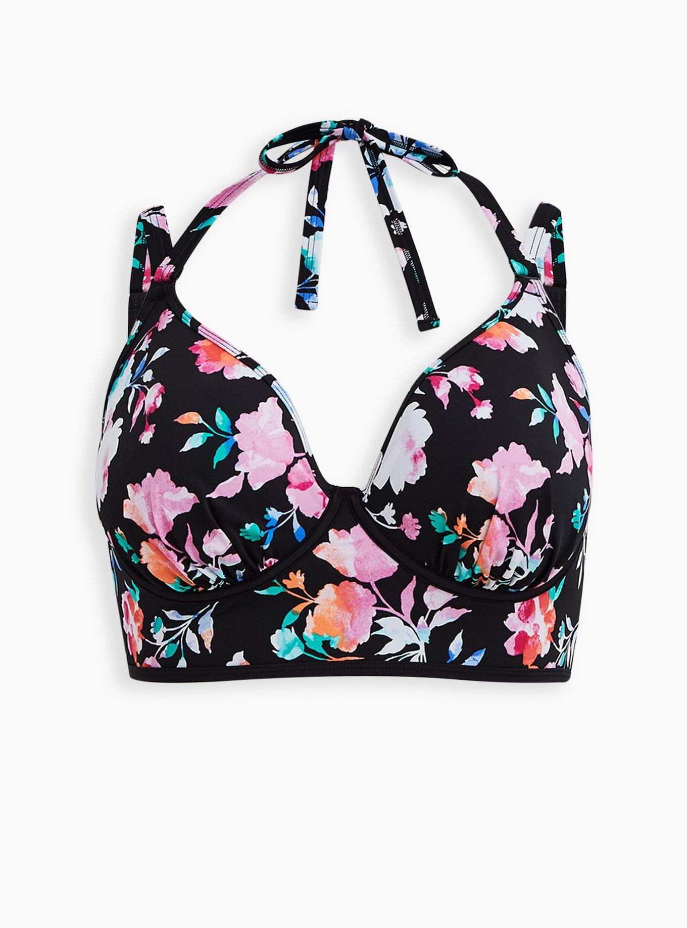 Plus Size Underwire Halter Plunge Bikini Top, BLACK FLORAL, hi-res
