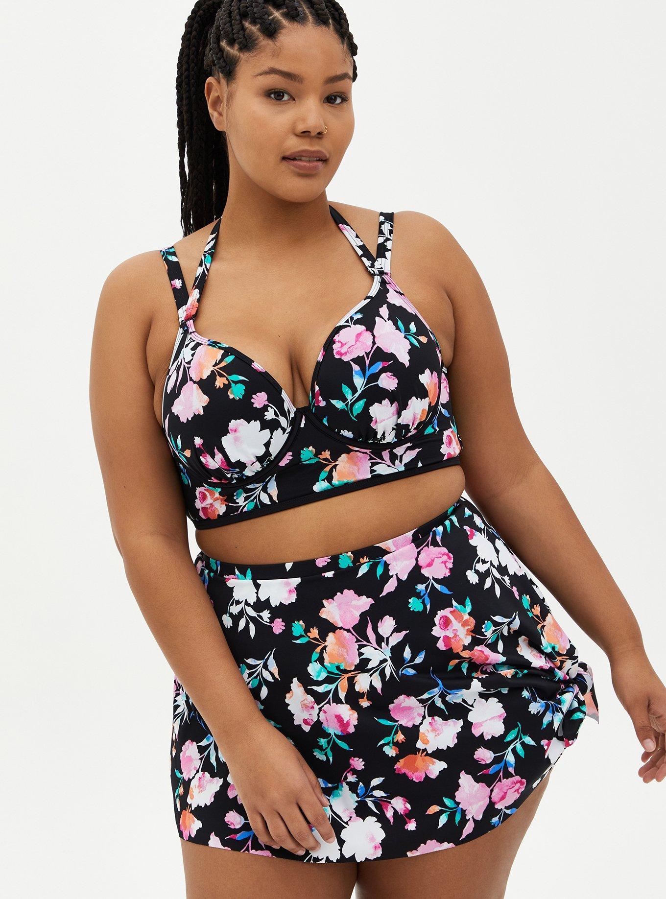 Plus Size Underwire Halter Plunge Bikini Top, BLACK FLORAL, hi-res
