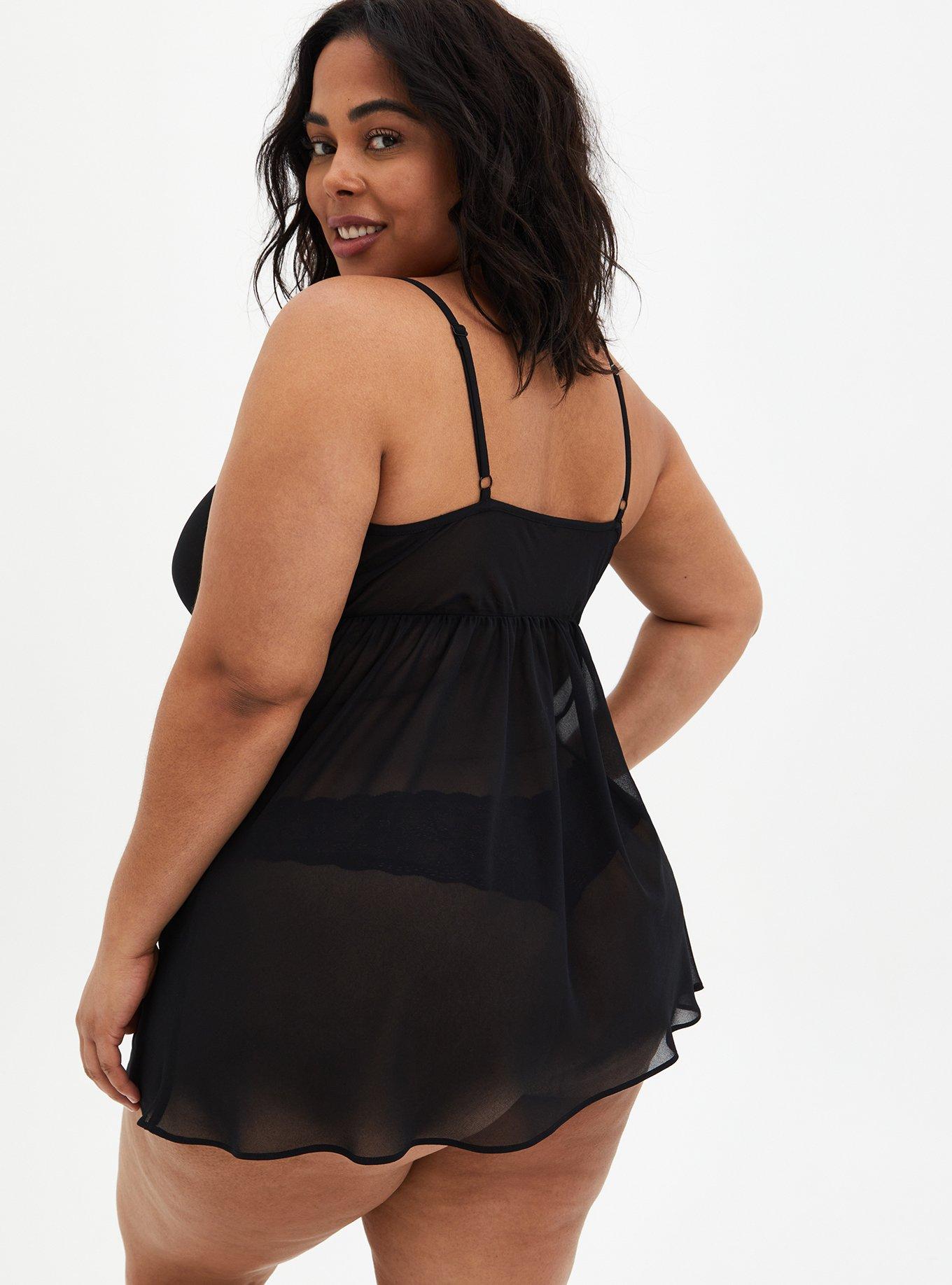 Plus Size Black Mesh & Lace Deep V Babydoll , , alternate