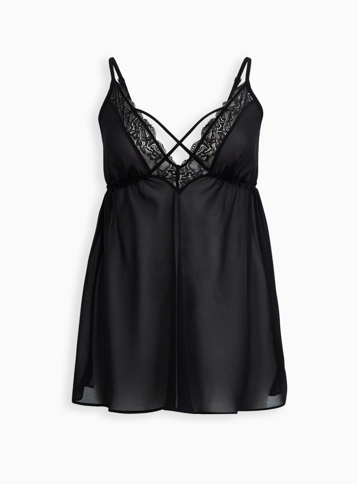 Plus Size Black Mesh & Lace Deep V Babydoll , , hi-res