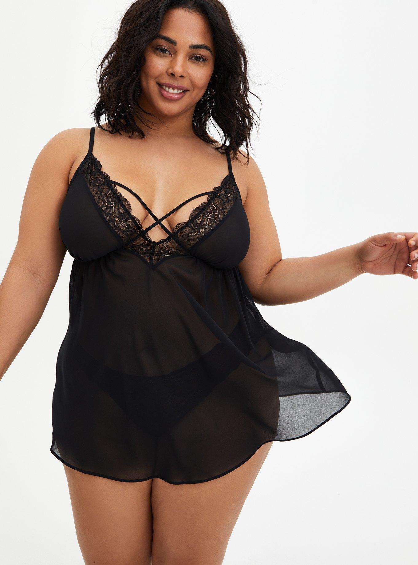 Plus Size Black Mesh & Lace Deep V Babydoll , , hi-res