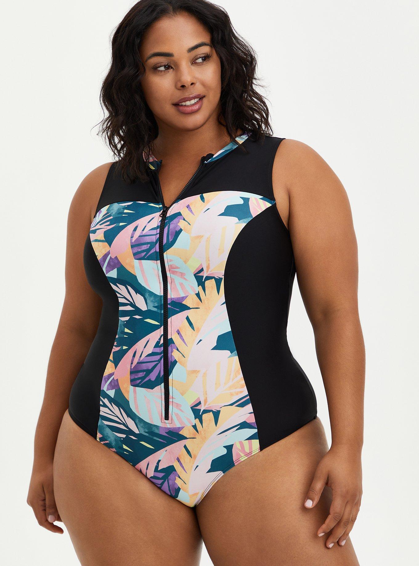 BeautyIn Women's Plus Size Rash Guard One Piece Swimsuit Zip Tropical Print  Swimwear