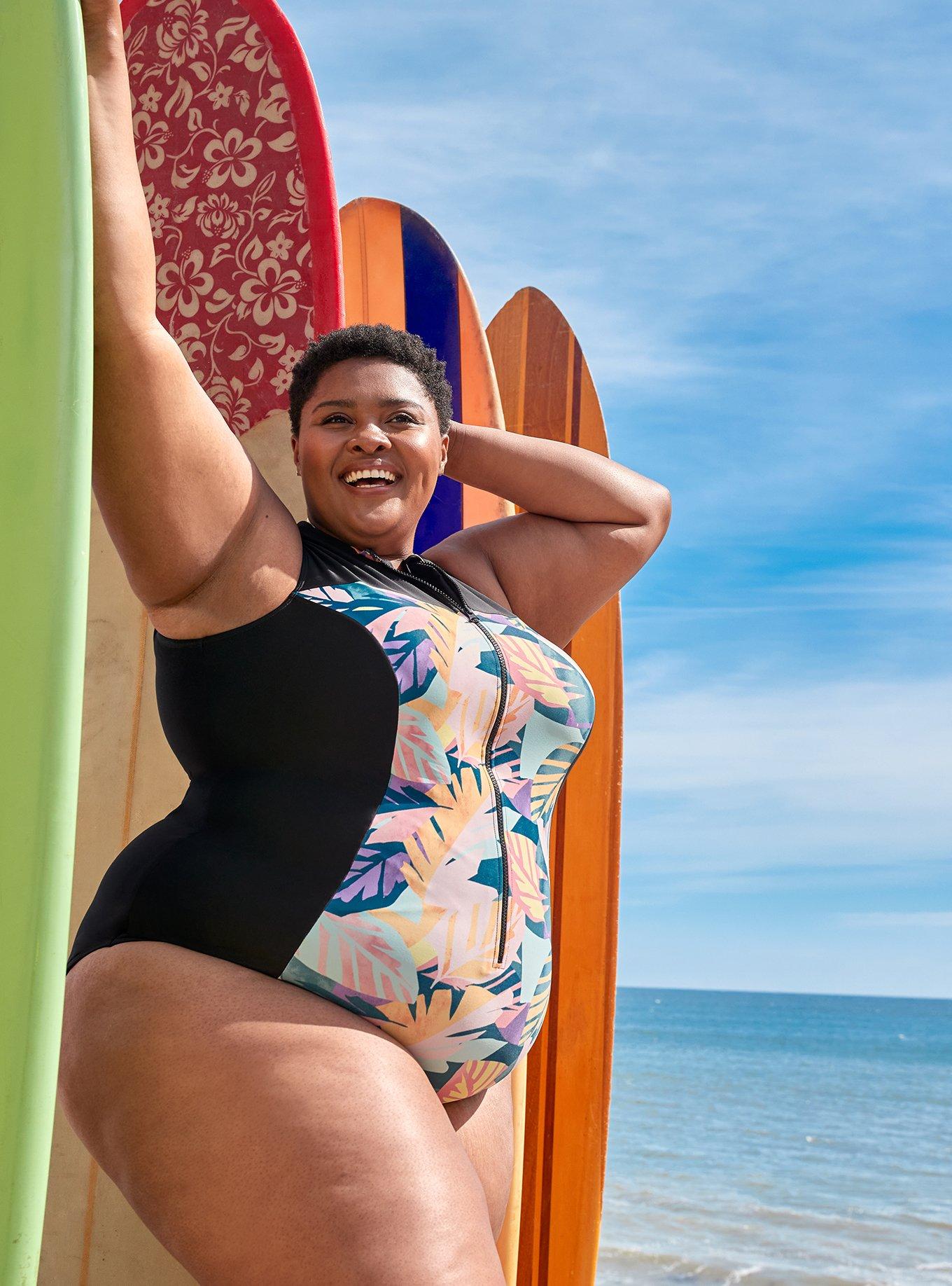 BeautyIn Women's Plus Size Rash Guard One Piece Swimsuit Zip Tropical Print  Swimwear 