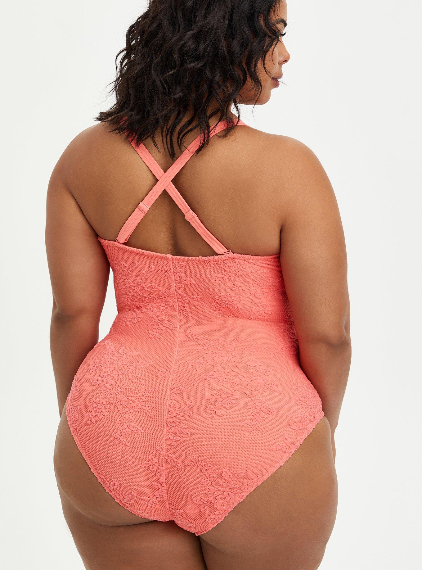 Catherines Plus Size 28W Coral One Piece Swimsuit Bathing Suit Ruffle Front  $119