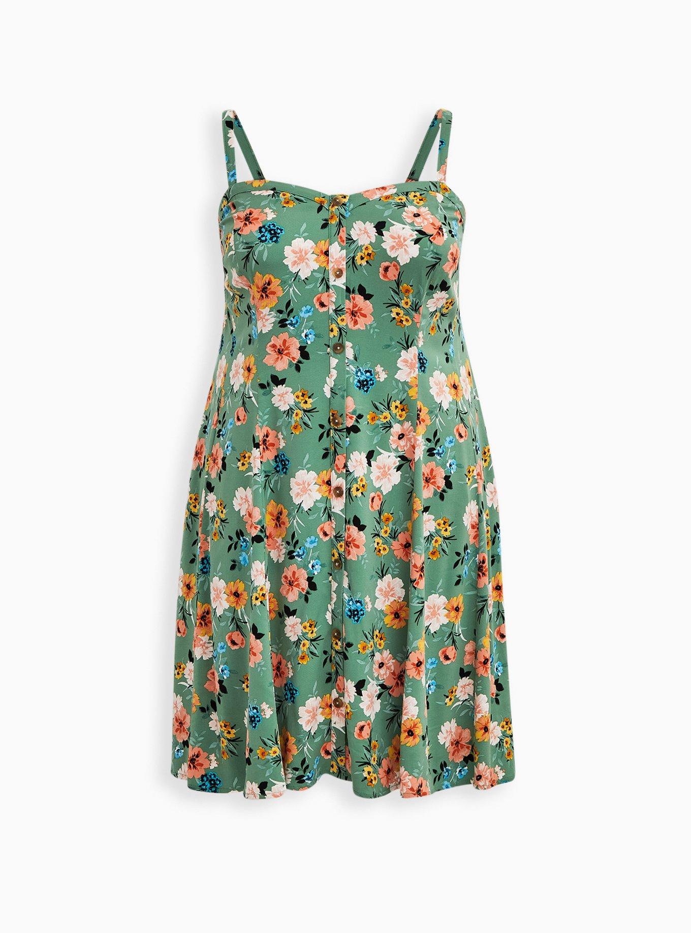 Plus Size - Green Floral Challis Fit & Flare Cami Dress - Torrid