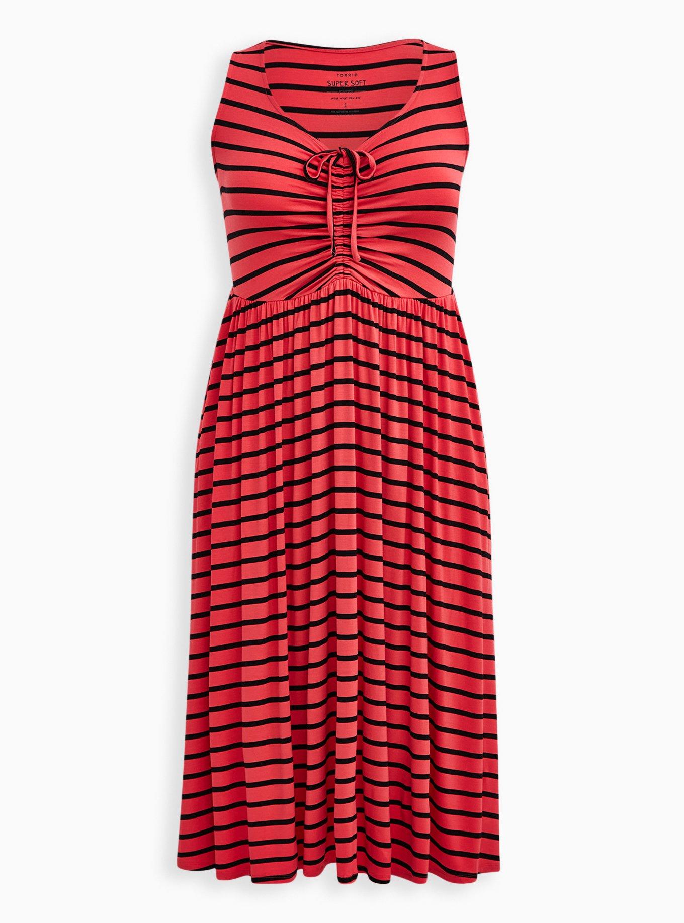 Plus Size Super Soft Bright Berry Stripe Shirred Skater Midi Dress, STRIPE RED, hi-res