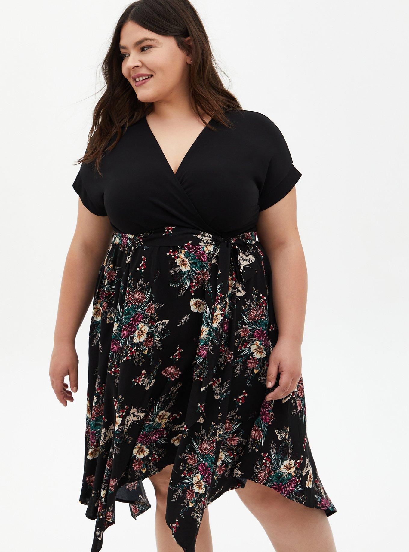 Plus Size Black Floral Knit To Woven Handkerchief Dress, FLORAL BLACK, alternate