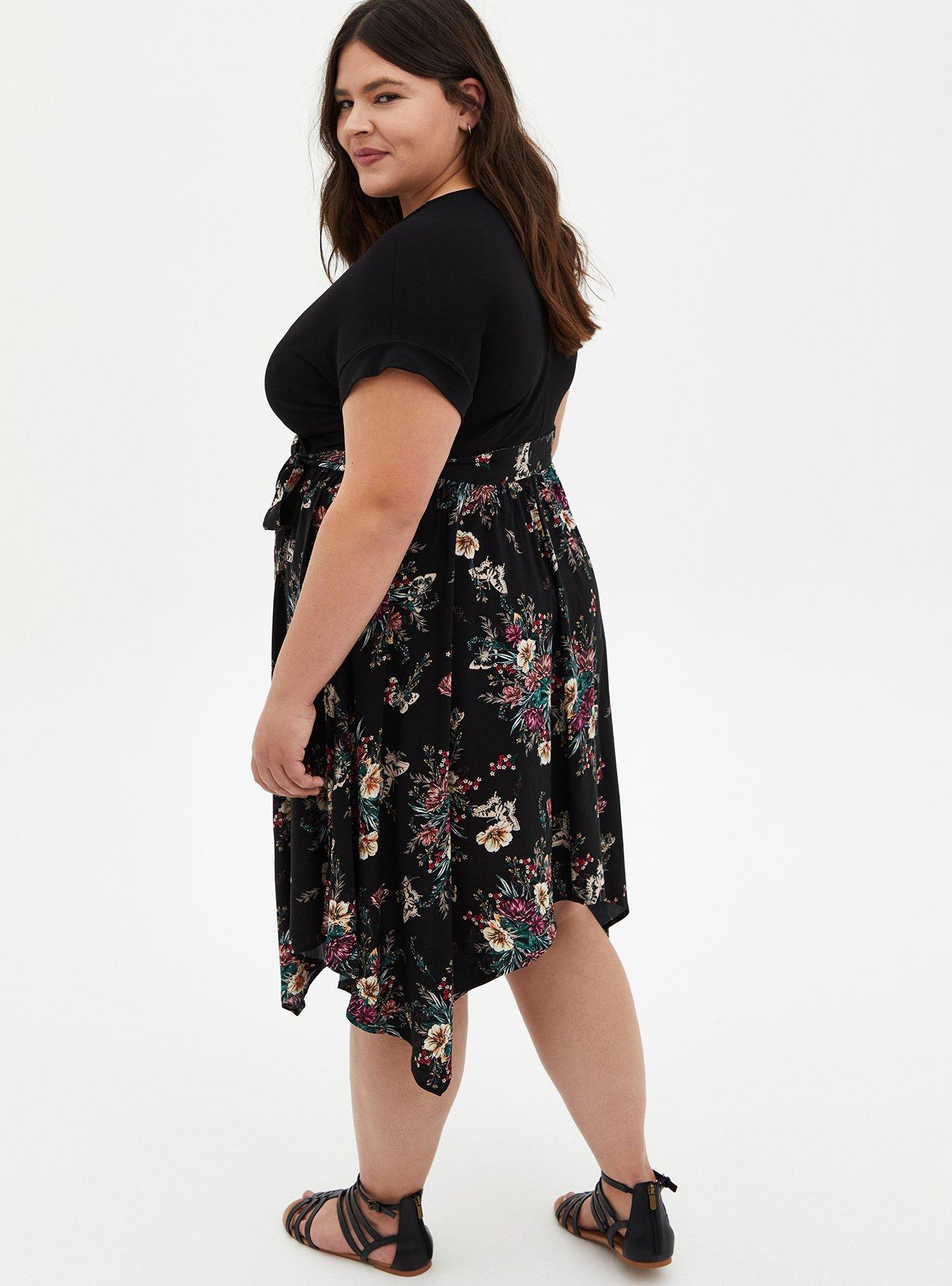 Plus Size Black Floral Knit To Woven Handkerchief Dress, FLORAL BLACK, alternate