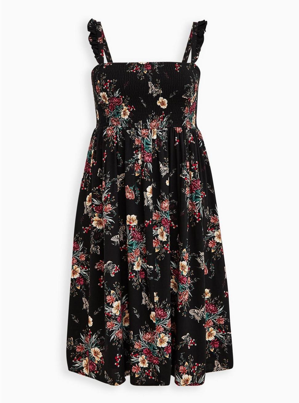 Midi Challis Smocked Tiered Dress, FLORAL BLACK, hi-res