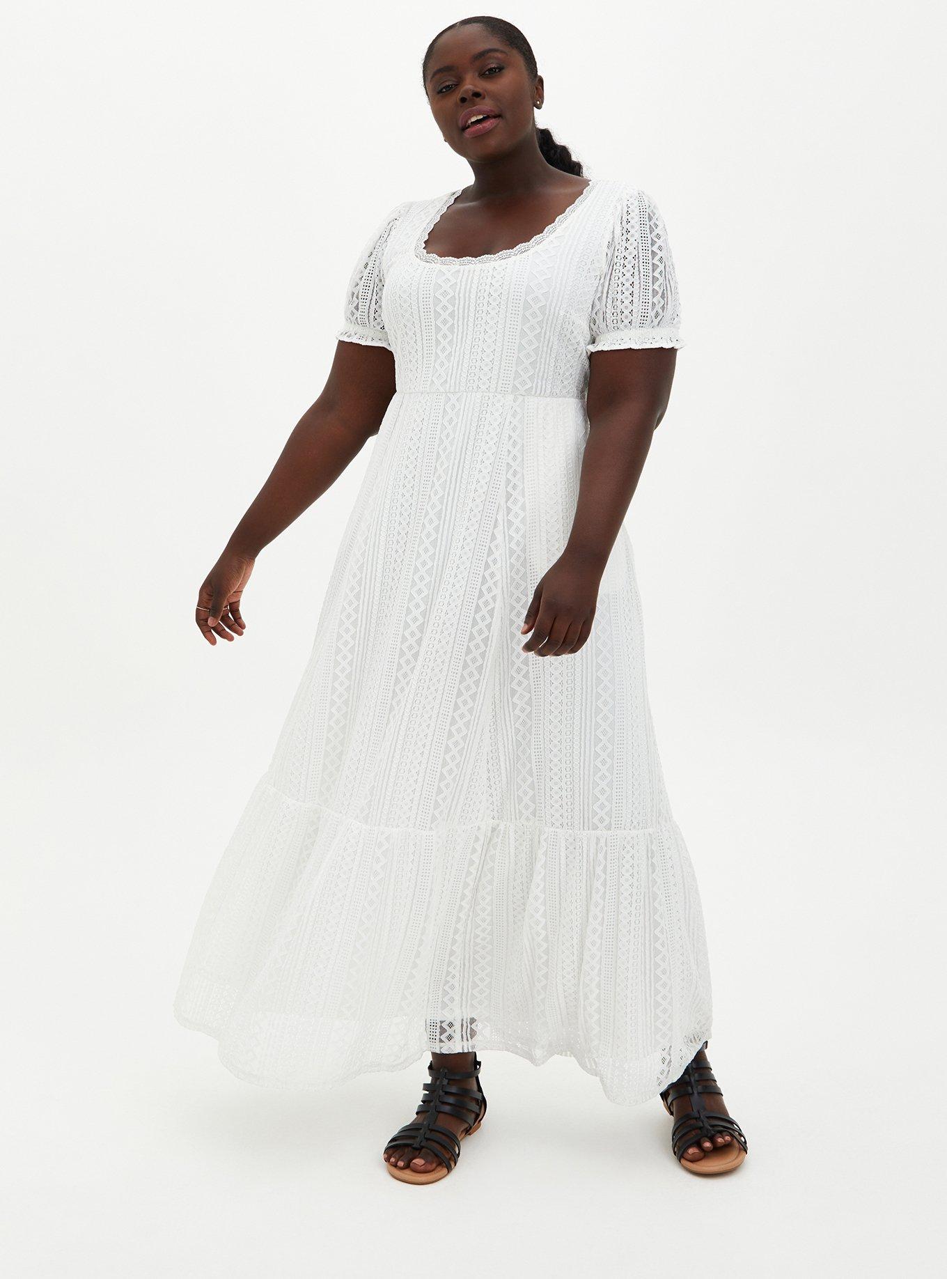 white lace skater dress plus size White Lace Shirred Skater Dress, CLOUD DANCER, hi-res