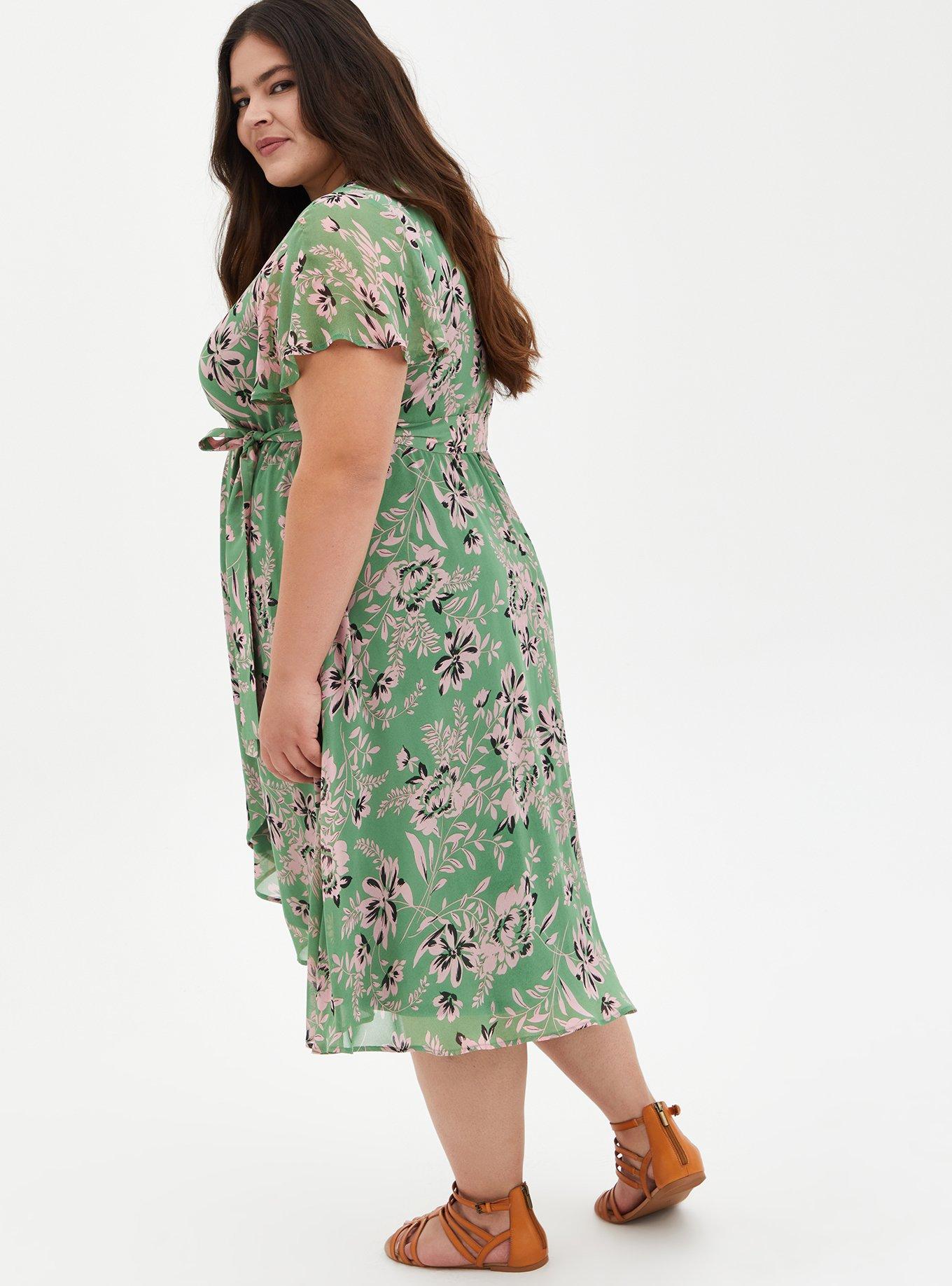 Plus Size Green Floral Chiffon Wrap Midi Dress, FLORAL GREEN, alternate