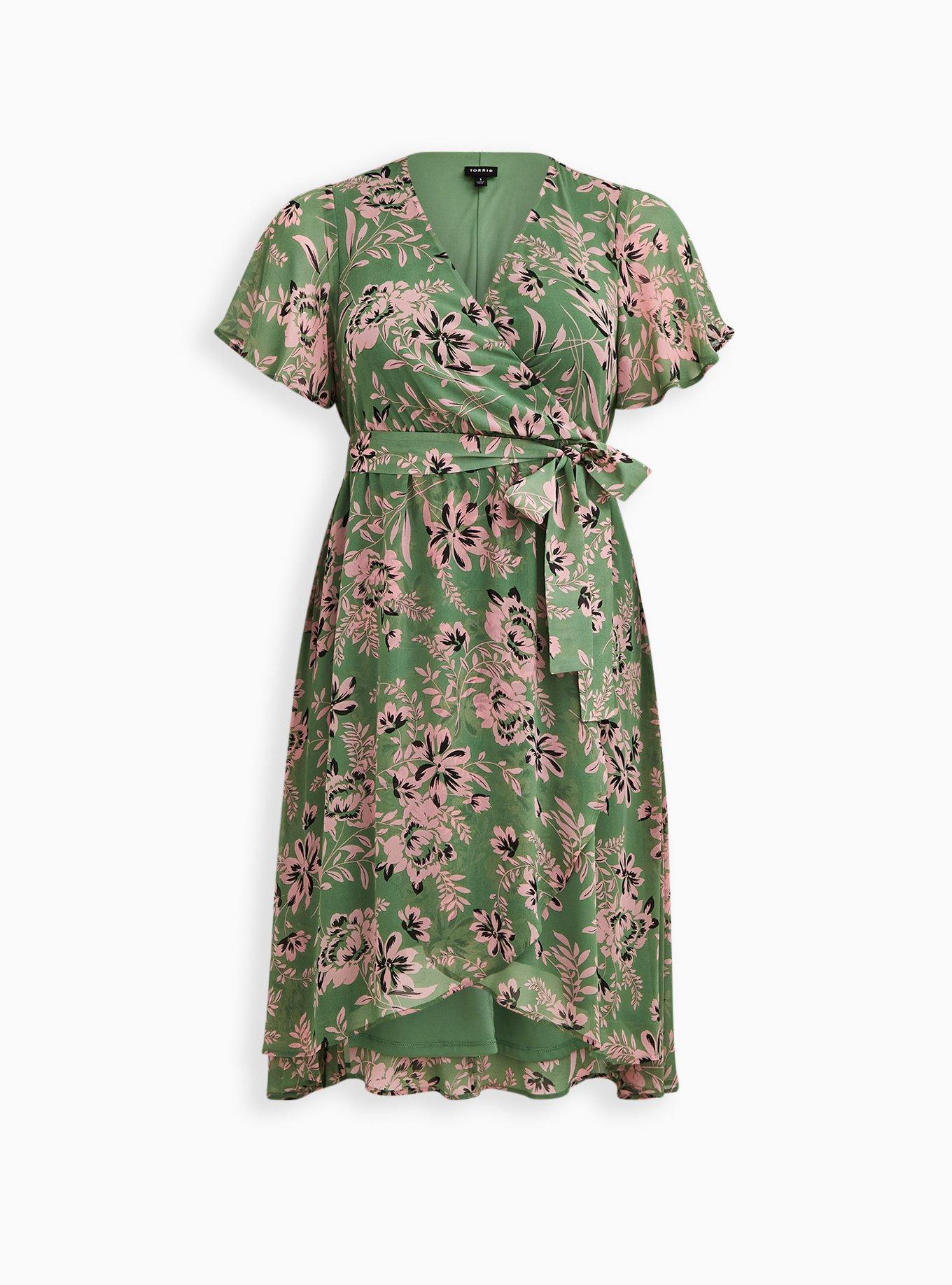 Plus Size Green Floral Chiffon Wrap Midi Dress, FLORAL GREEN, hi-res