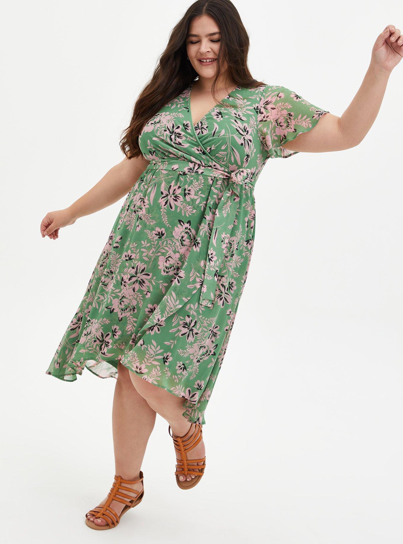 Plus Size Green Floral Chiffon Wrap Midi Dress, FLORAL GREEN, hi-res