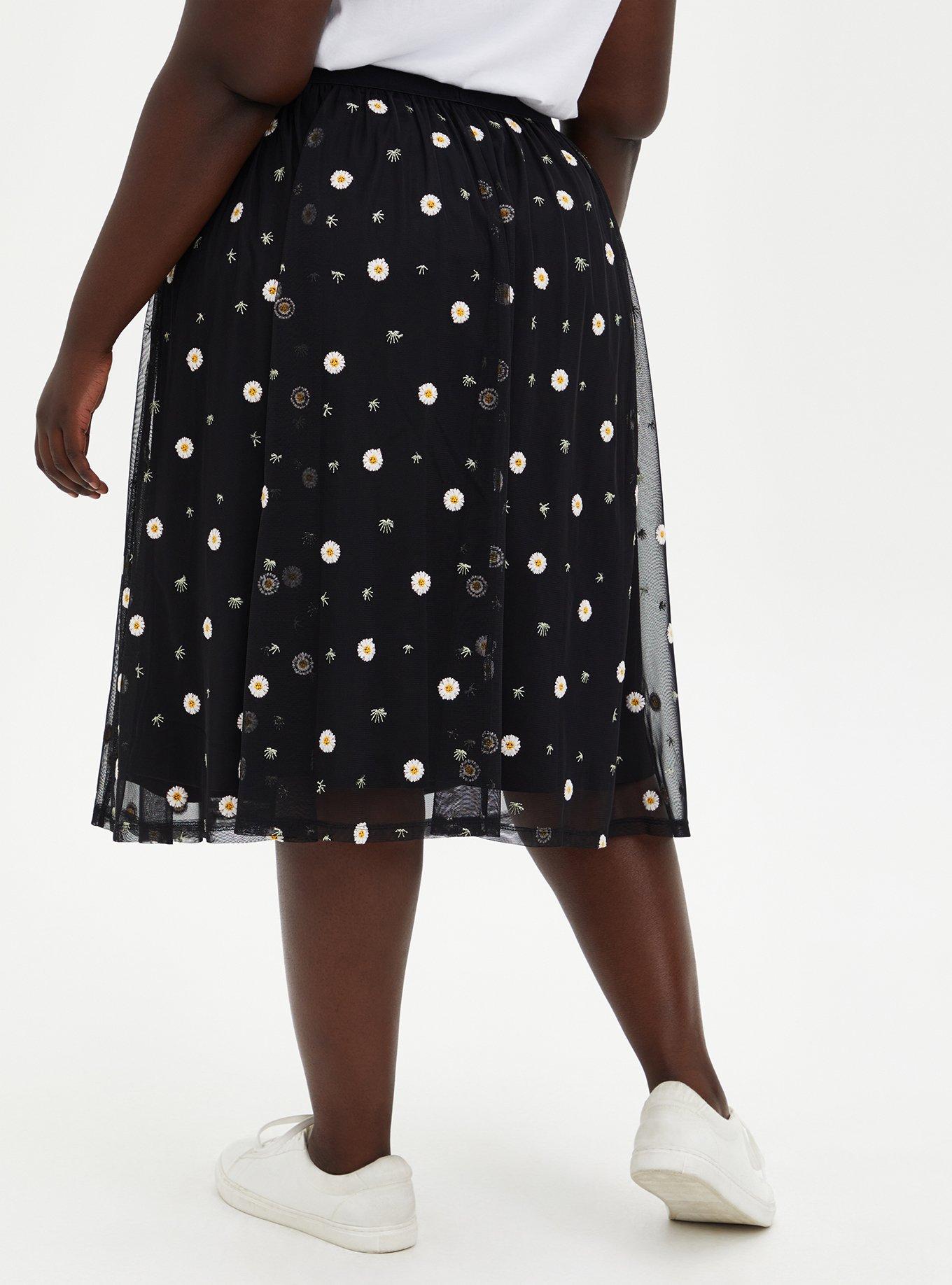 Black Lace Embroidered Midi Skirt, BLACK WHITE FLORAL, alternate
