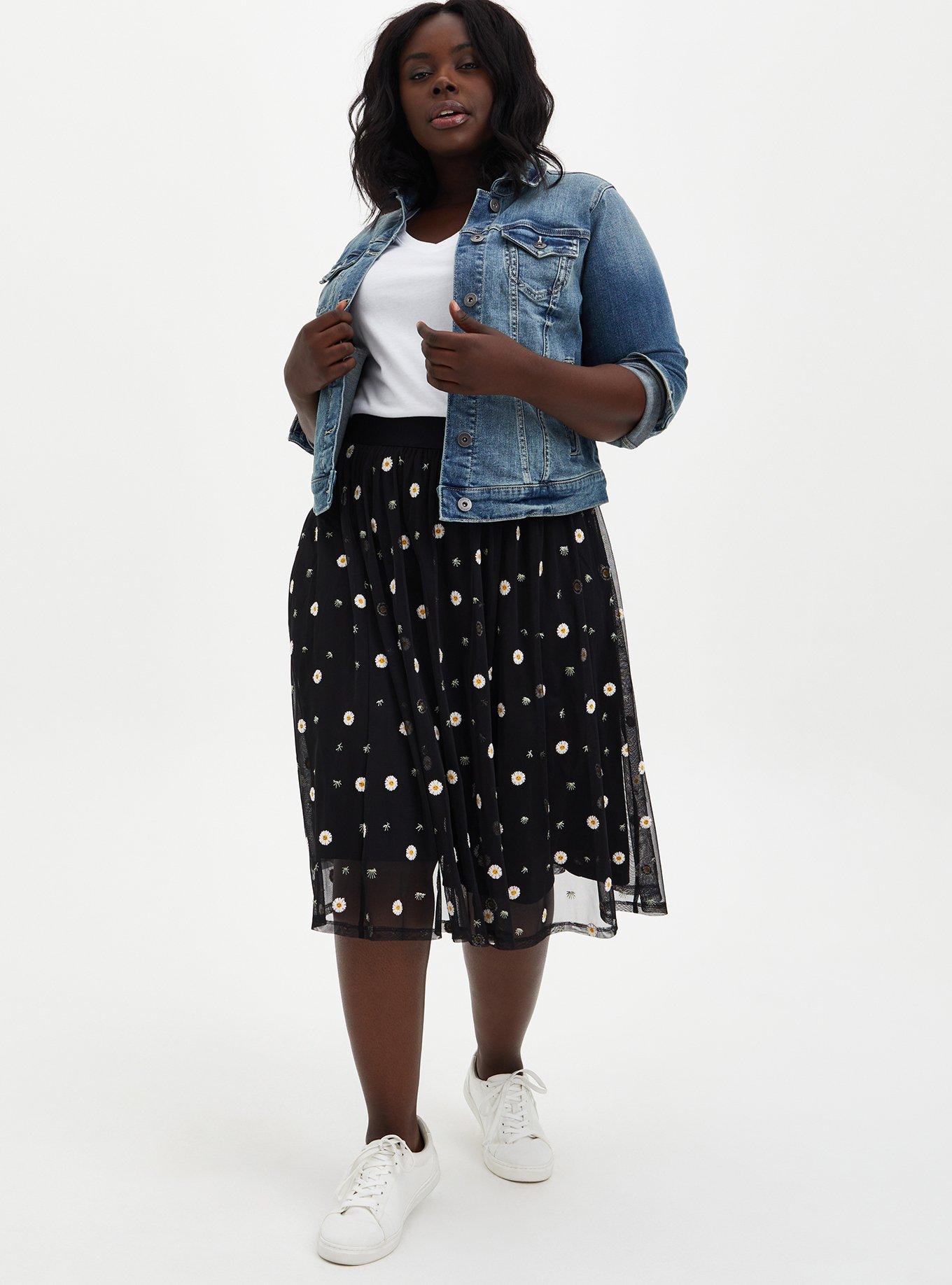 Black Lace Embroidered Midi Skirt, BLACK WHITE FLORAL, alternate