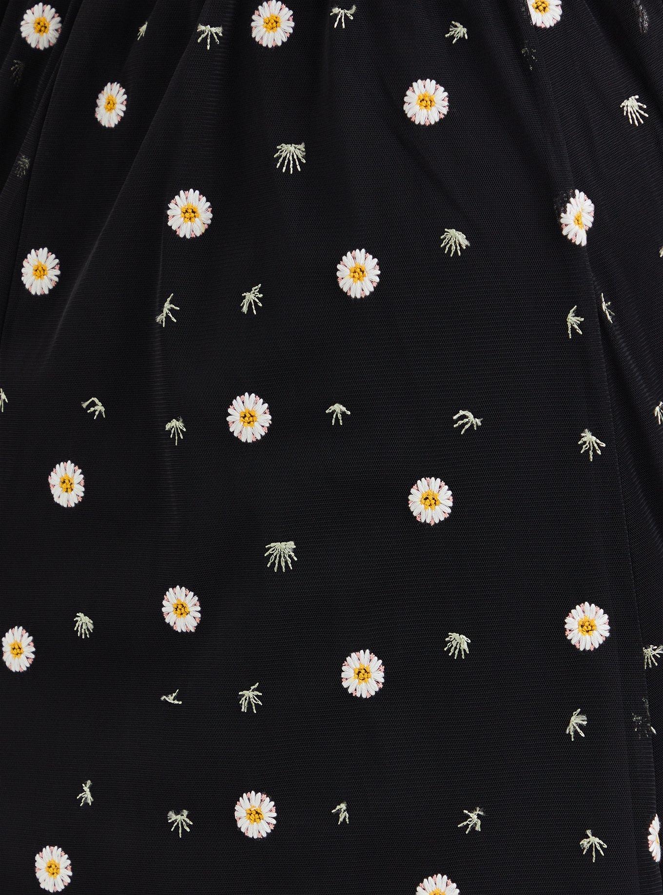 Black Lace Embroidered Midi Skirt, BLACK WHITE FLORAL, alternate