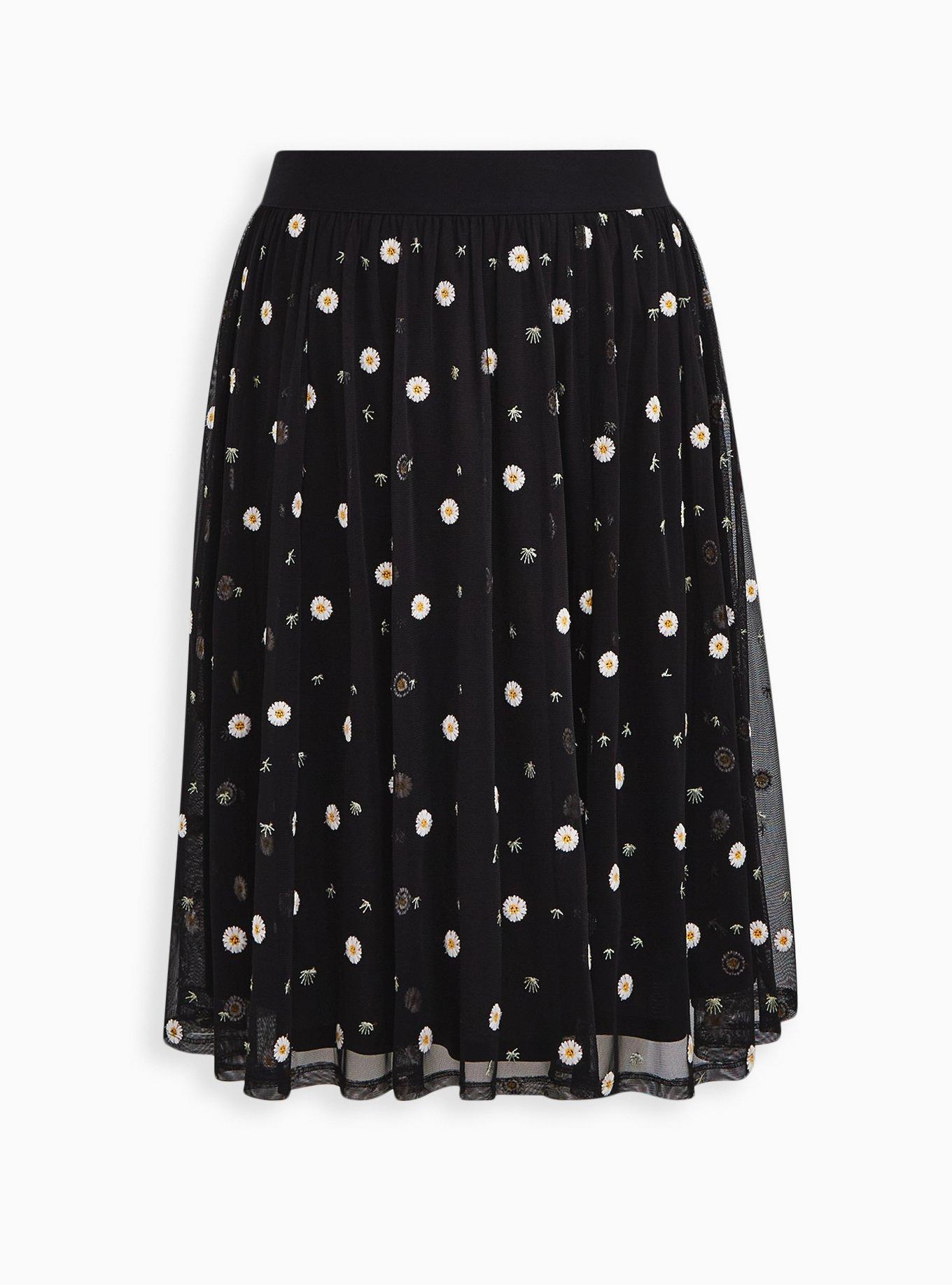 Black Lace Embroidered Midi Skirt, BLACK WHITE FLORAL, hi-res