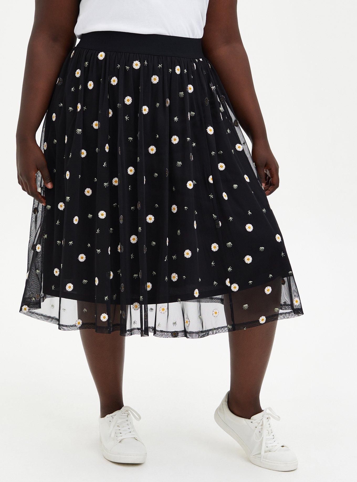 Black Lace Embroidered Midi Skirt, BLACK WHITE FLORAL, hi-res