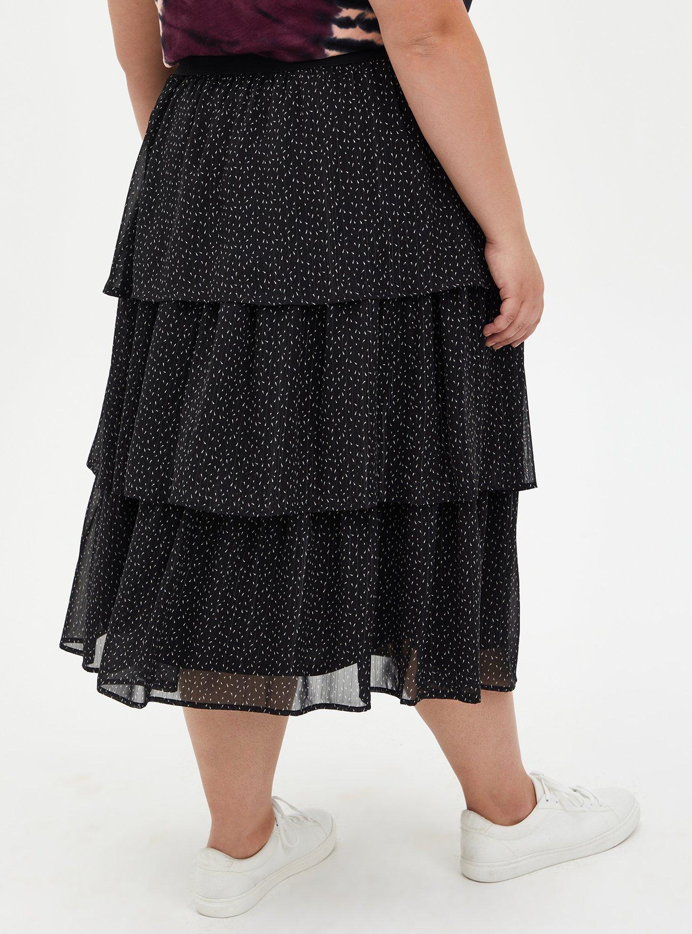 Plus Size Black Chiffon Tiered Midi Skirt , BLACK GOLD, alternate