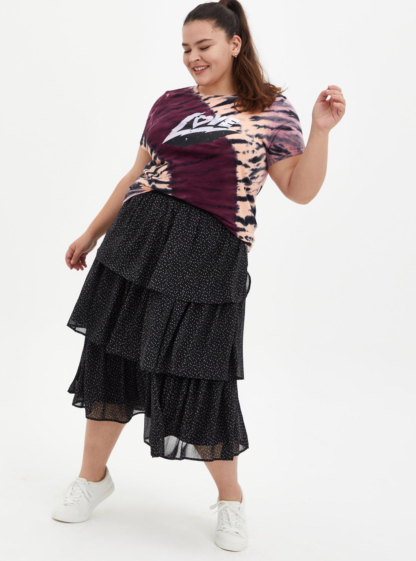 Plus Size Black Chiffon Tiered Midi Skirt , BLACK GOLD, alternate