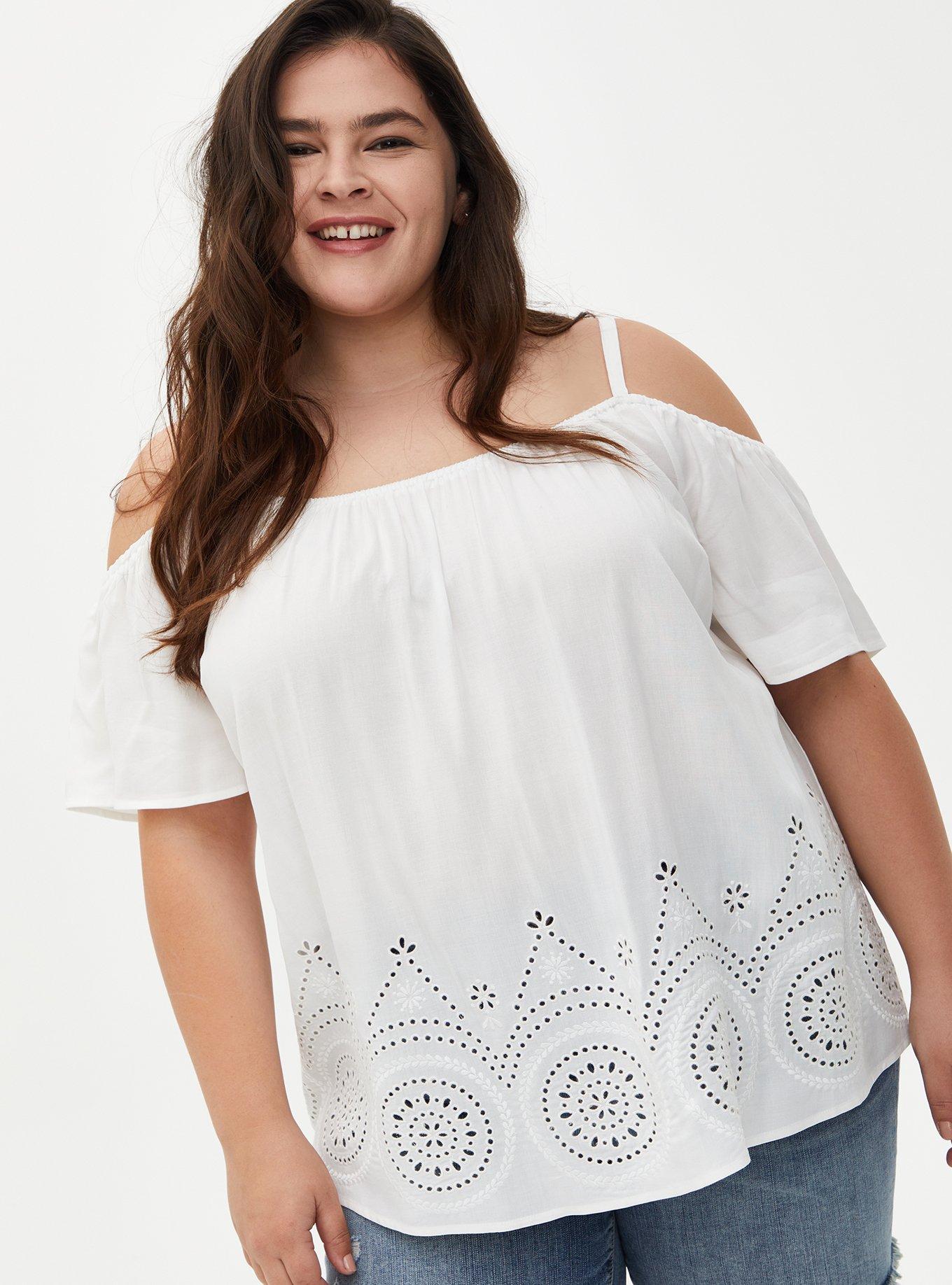 Challis Eyelet Border Cold Shoulder Top, CLOUD DANCER, hi-res