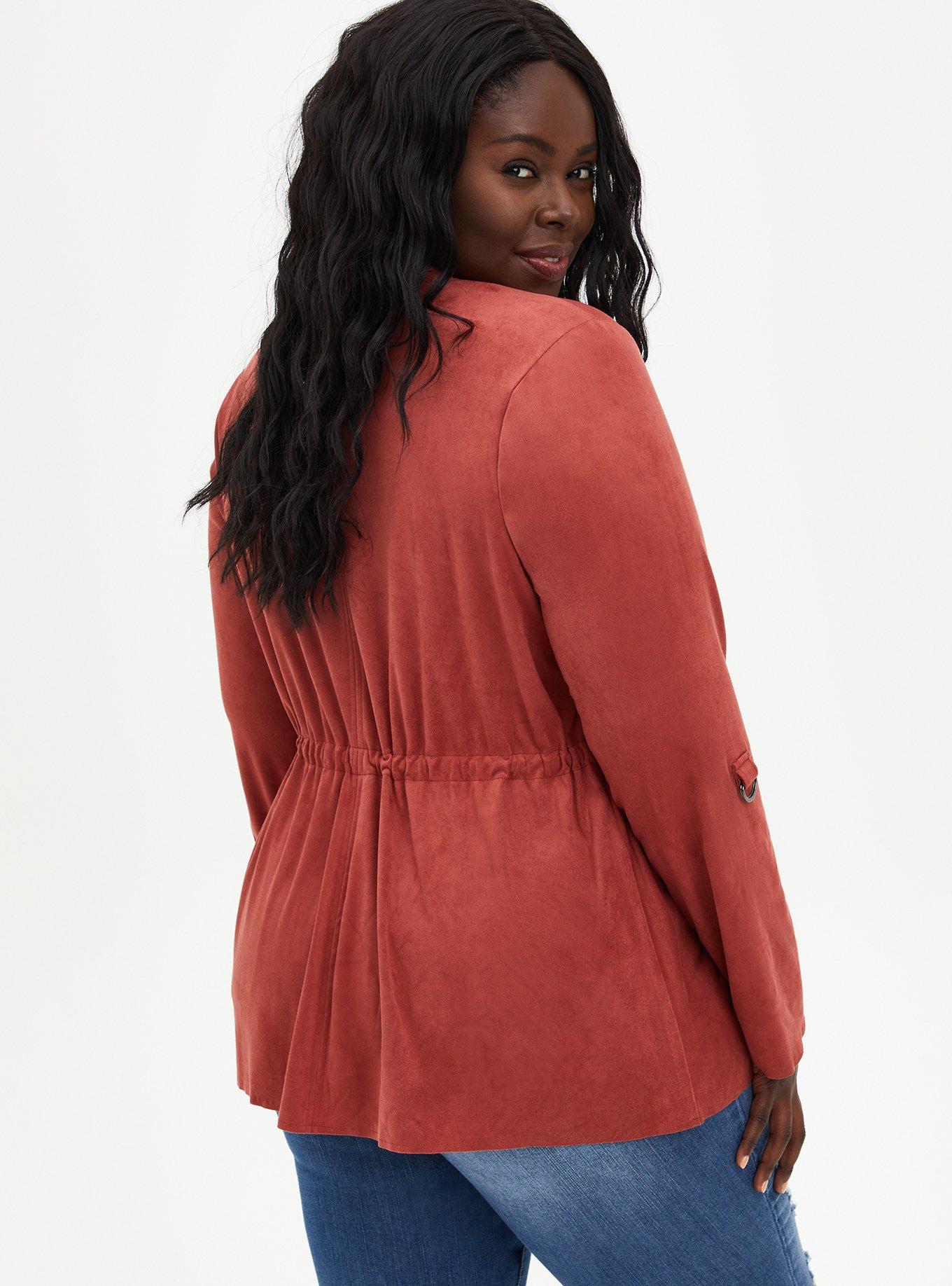 Plus Size Marsala Red Faux Suede Drape Front Jacket Torrid