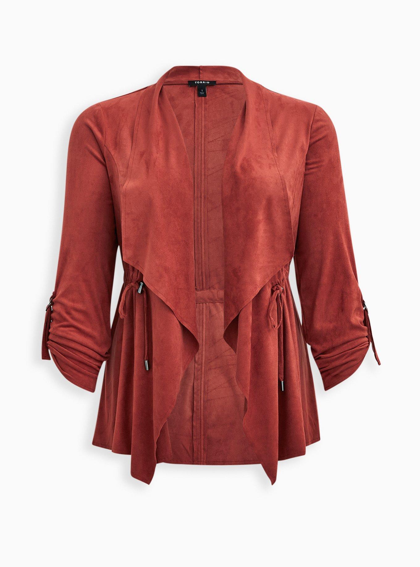 Plus Size - Marsala Red Faux Suede Drape Front Jacket - Torrid