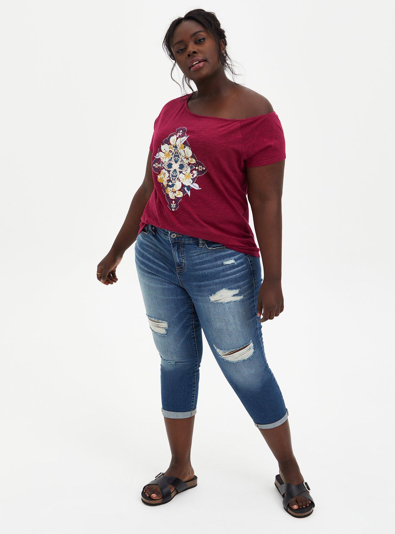 Plus Size  Off Shoulder Tee - Heritage Slub Mandala Red Wine, BEET RED, alternate