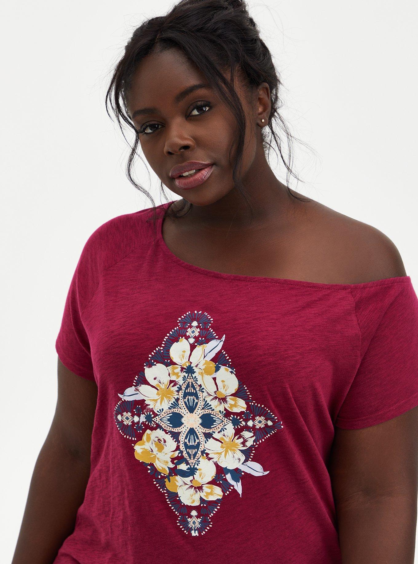 Plus Size  Off Shoulder Tee - Heritage Slub Mandala Red Wine, BEET RED, alternate