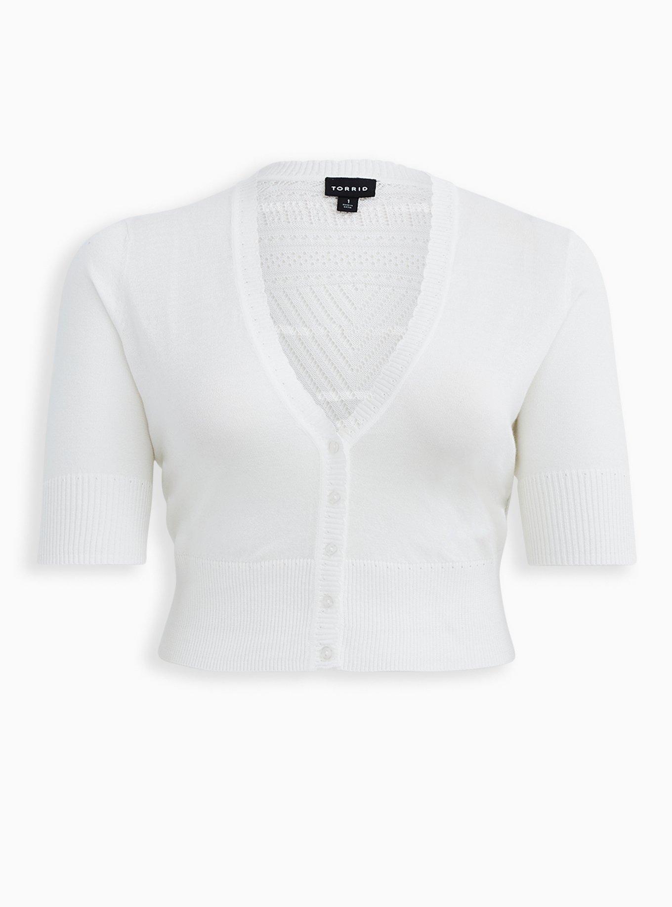 Pointelle Cropped Cardigan Button-Front Sweater, , hi-res