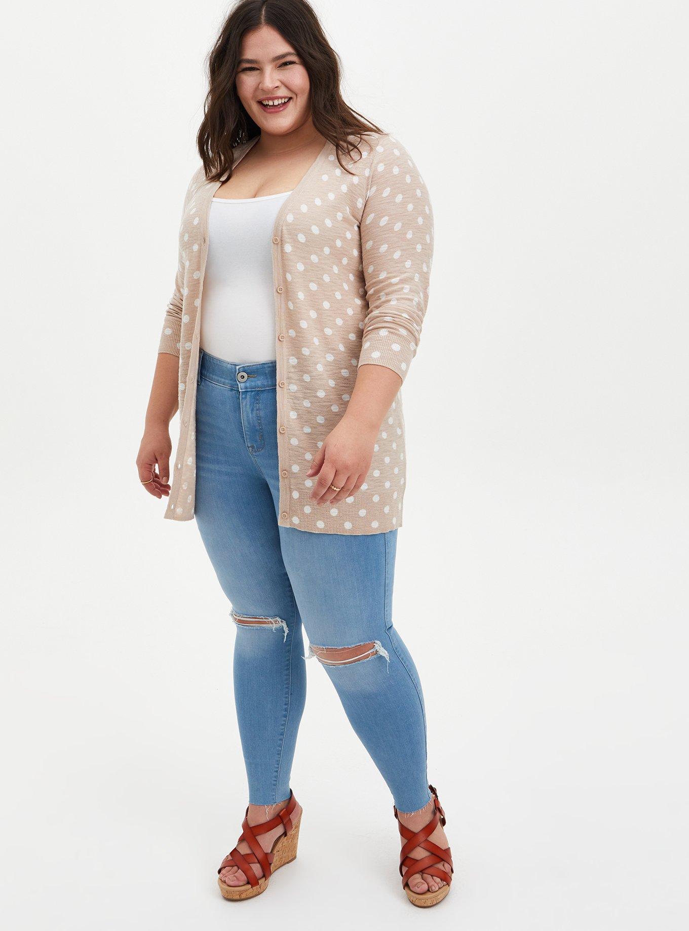 Plus Size  Oatmeal Polka Dot Slub Boyfriend Cardigan Sweater, MUSHROOM, alternate