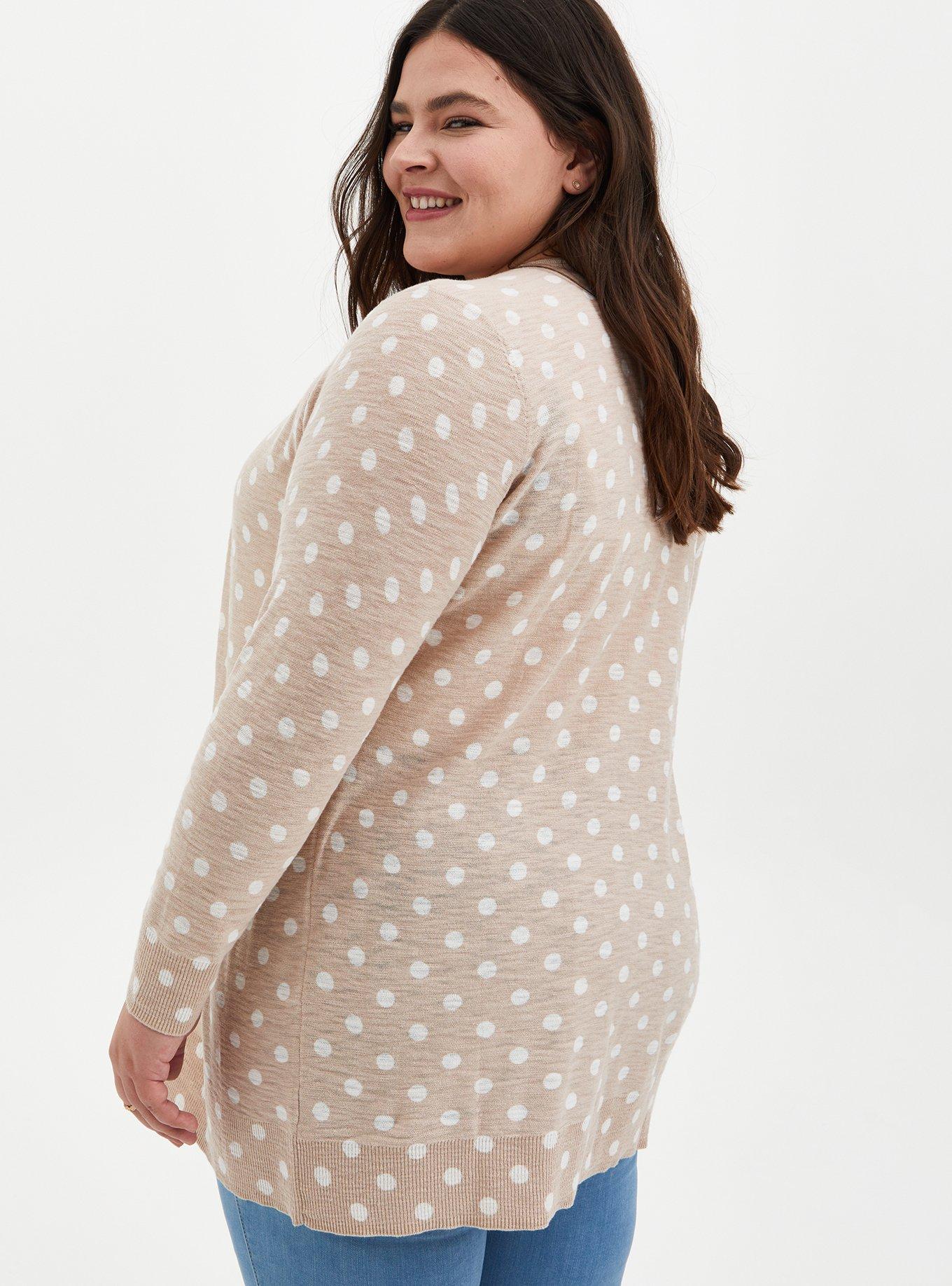 Plus Size  Oatmeal Polka Dot Slub Boyfriend Cardigan Sweater, MUSHROOM, alternate