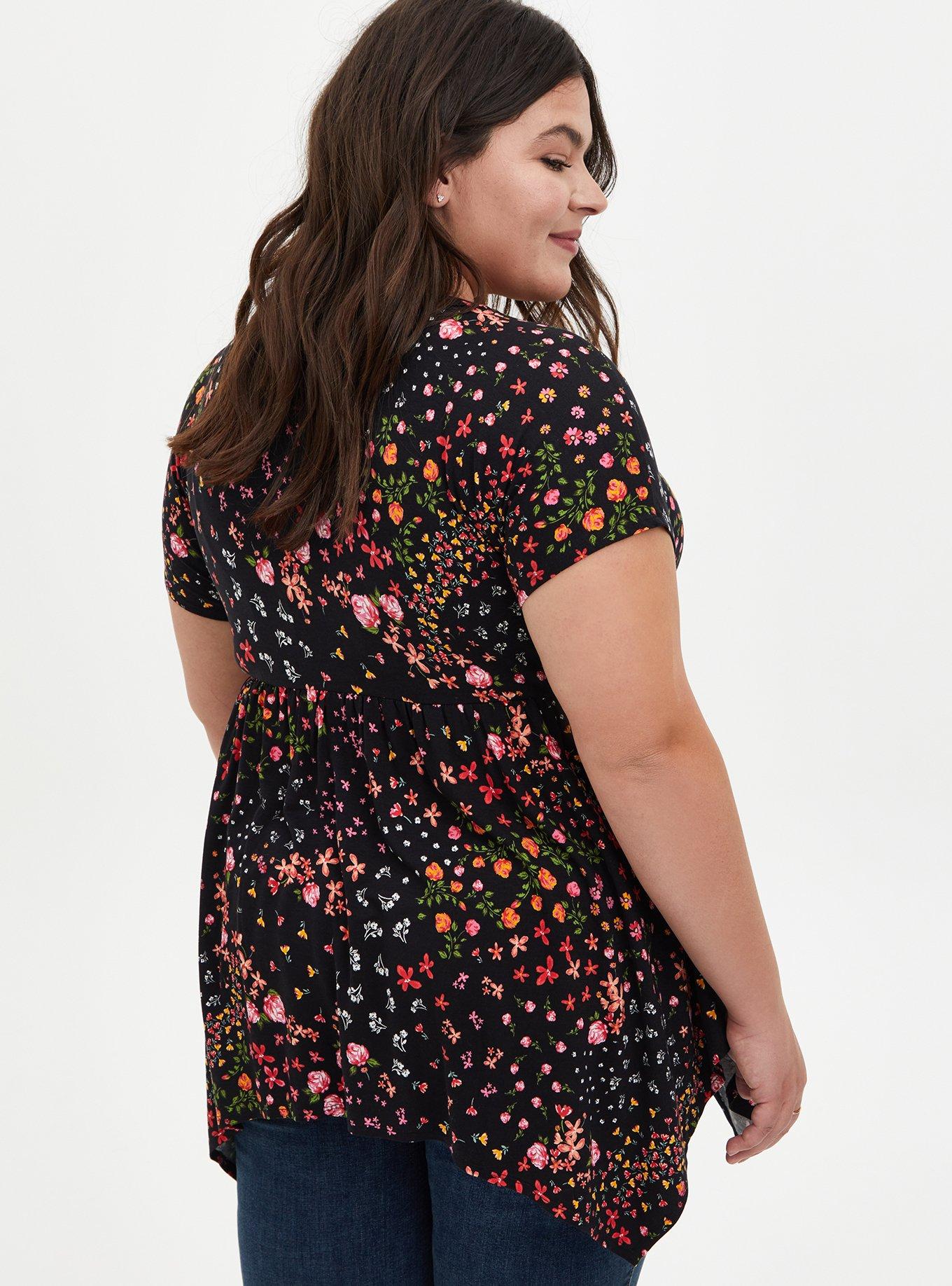 Plus Size - Super Soft Black Floral Lace Up Front Babydoll Tunic - Torrid