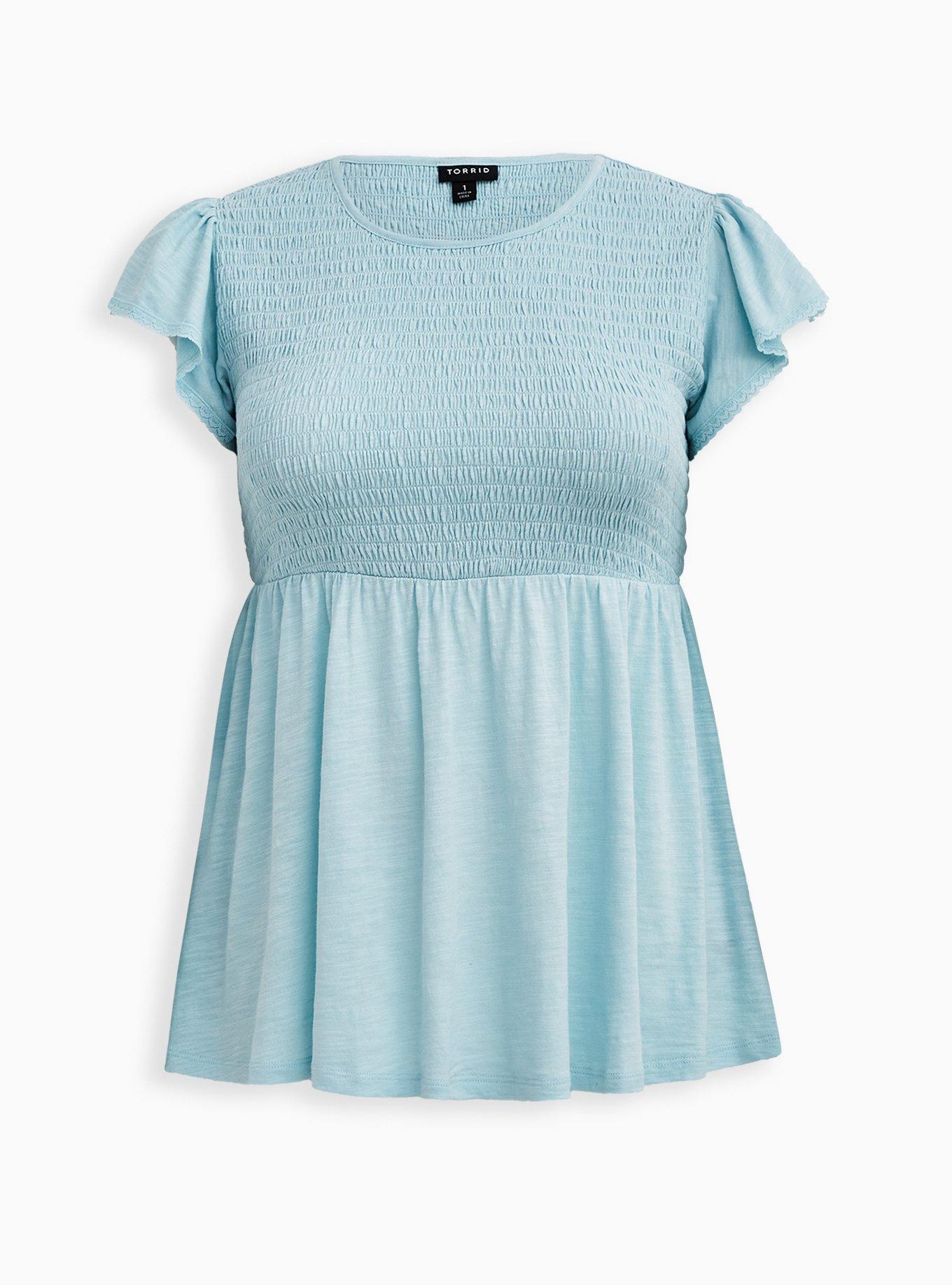 Babydoll Cotton Crew Neck Smocked Bodice Top