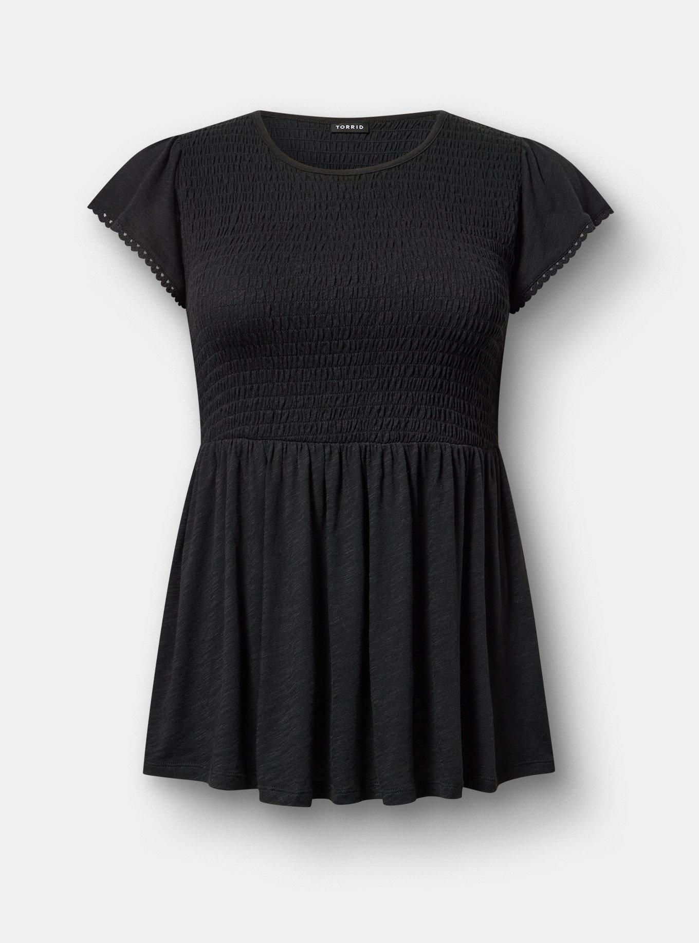 Smocked Crew Babydoll Top, DEEP BLACK, flat