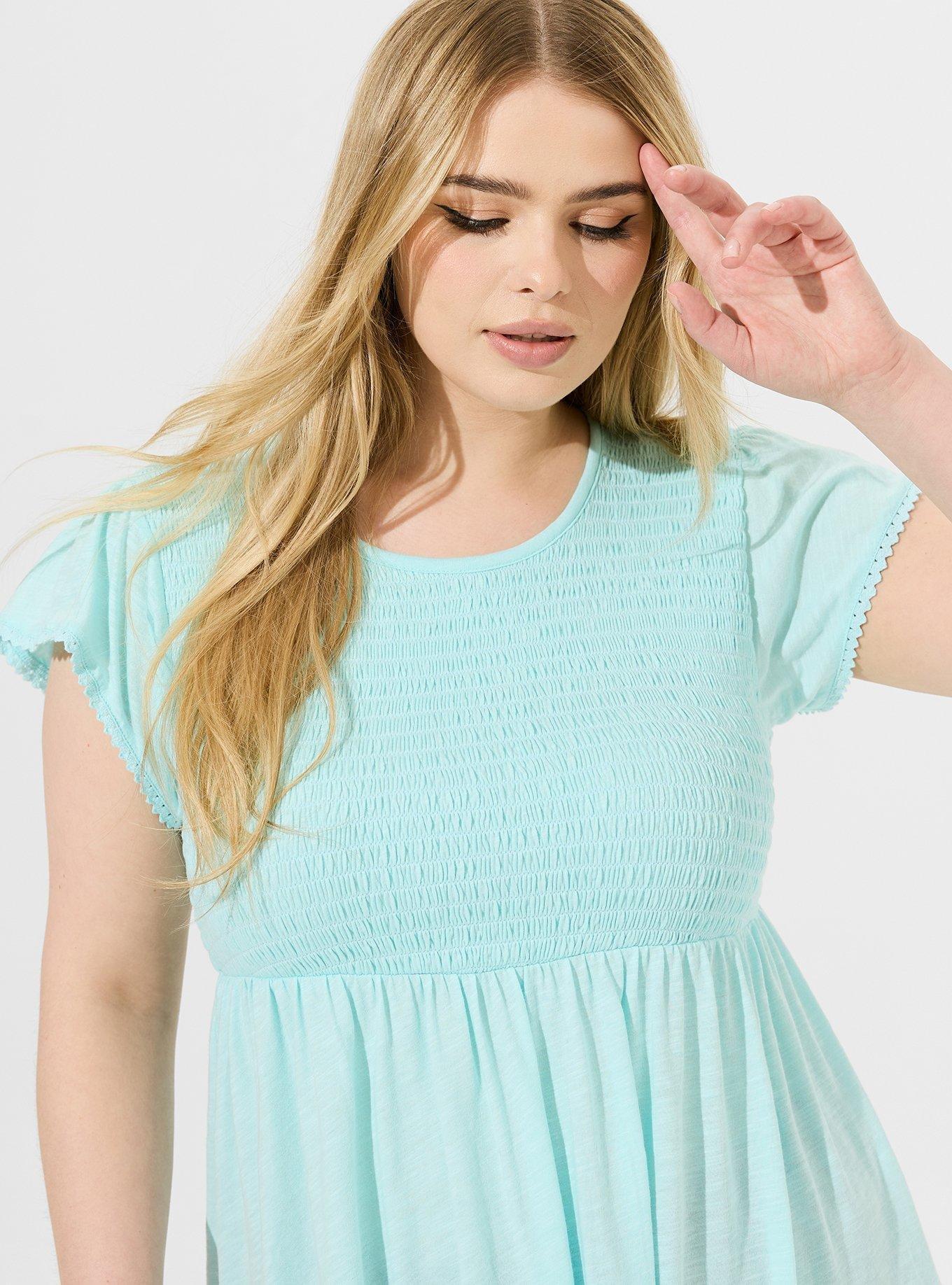 Plus Size Babydoll Cotton Crew Neck Smocked Bodice Top Torrid