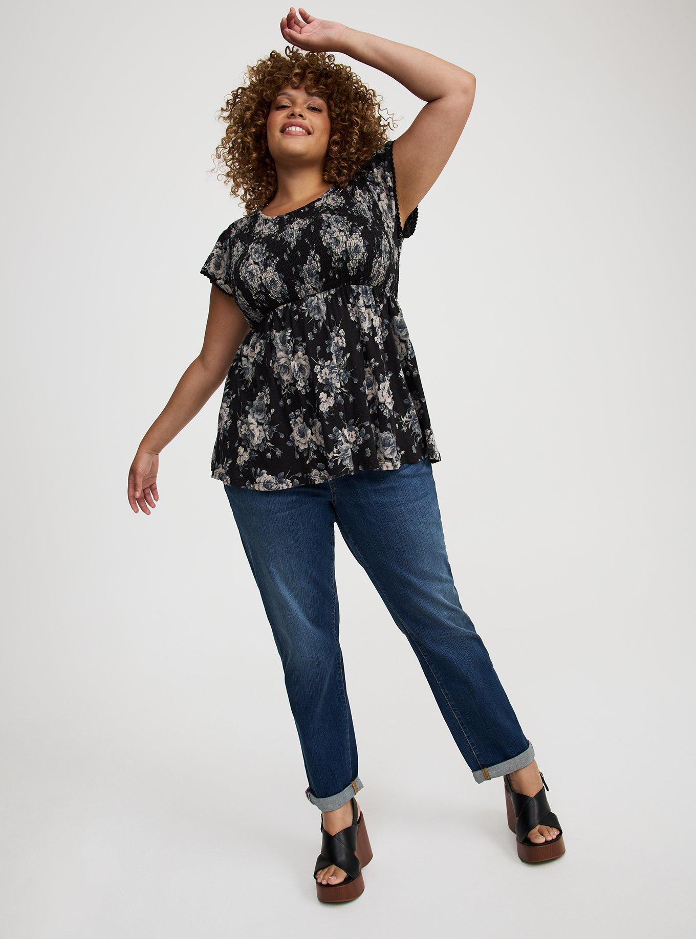 Babydoll Cotton Crew Neck Smocked Bodice Top