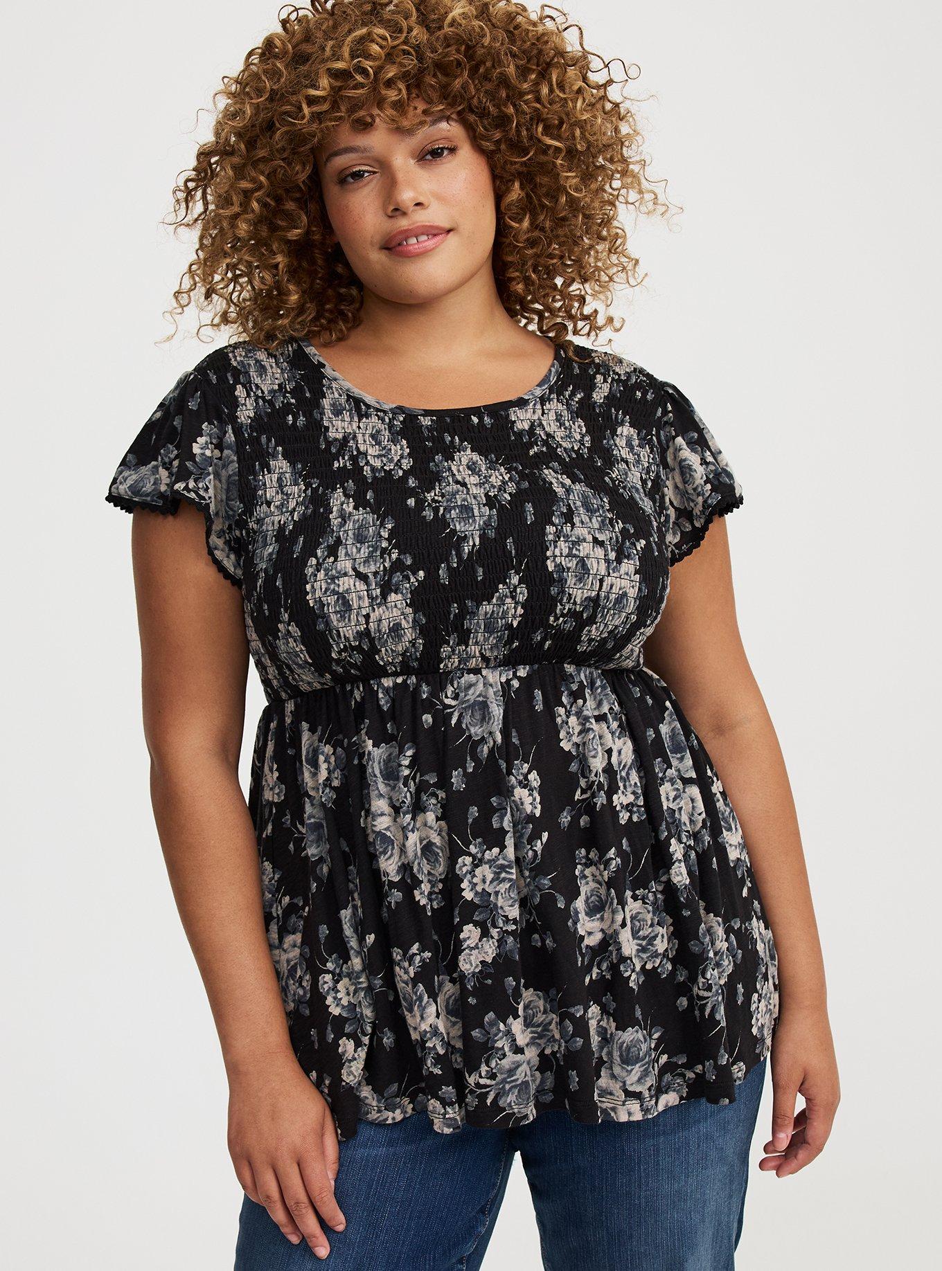 Babydoll Cotton Crew Neck Smocked Bodice Top