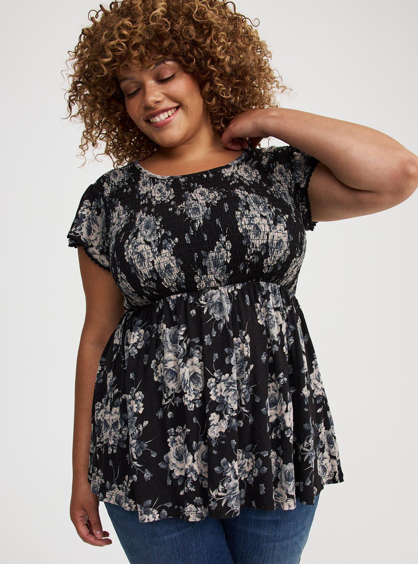 Babydoll Cotton Crew Neck Smocked Bodice Top