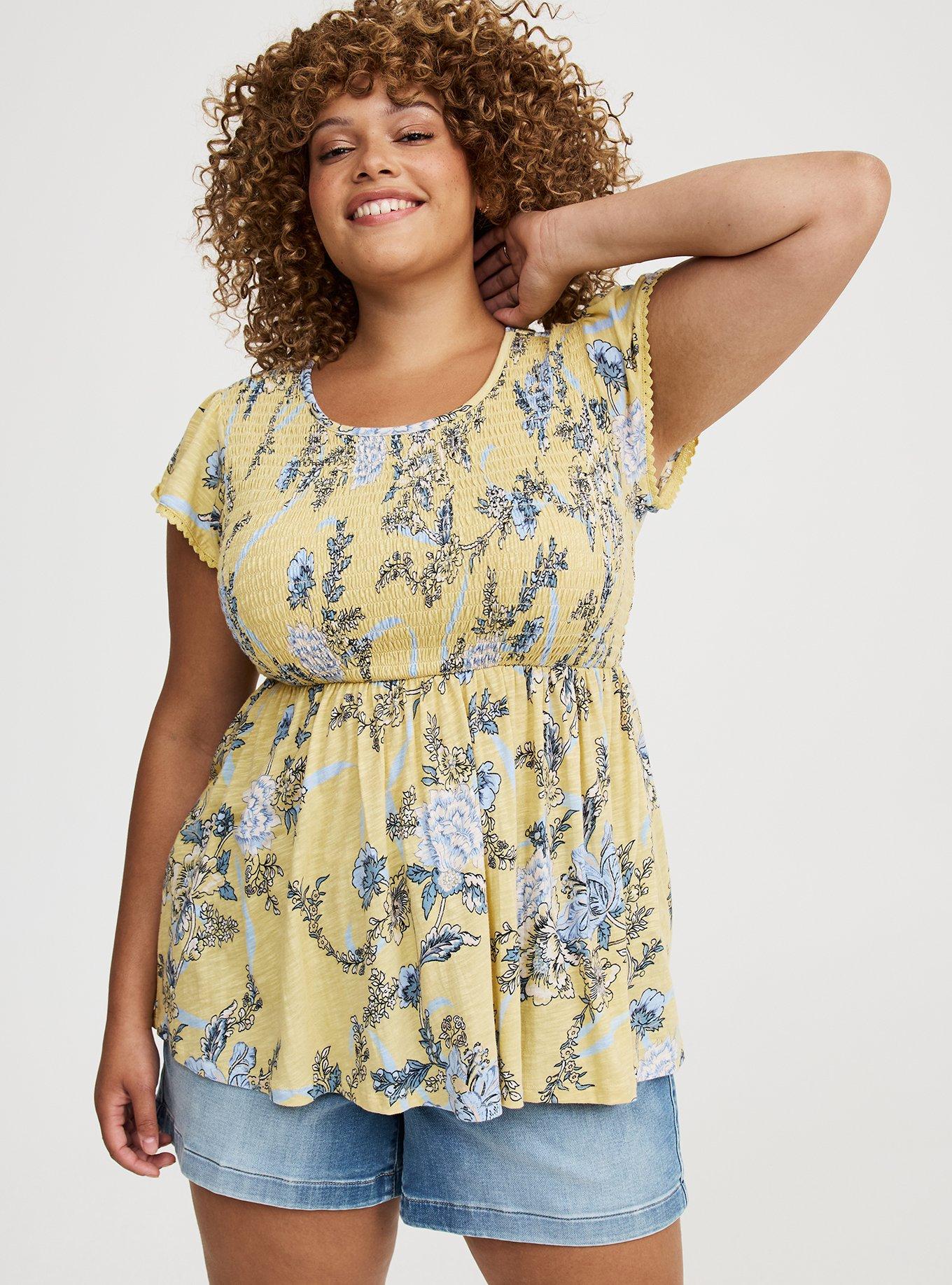 Babydoll Cotton Crew Neck Smocked Bodice Top