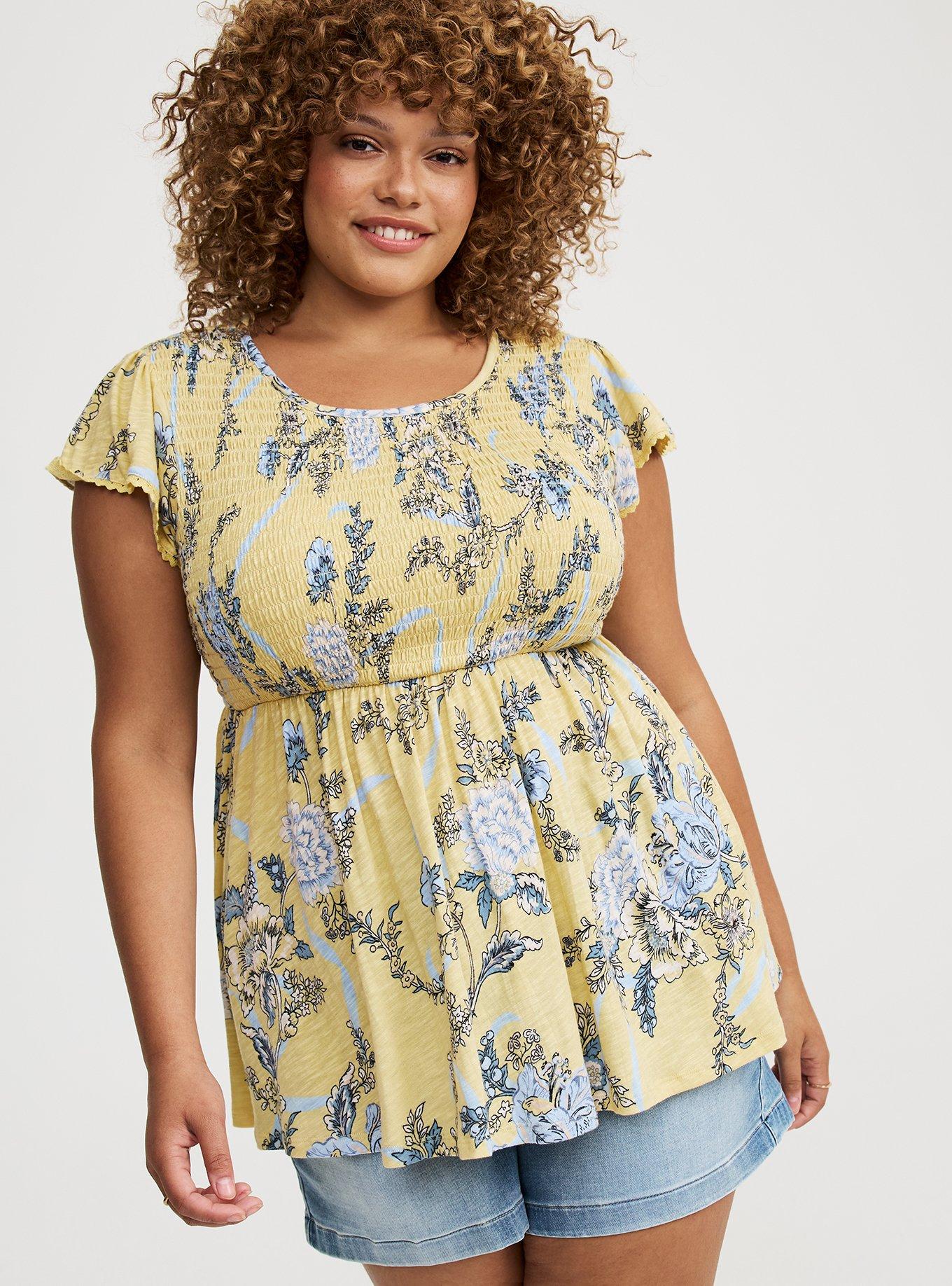 Babydoll Cotton Crew Neck Smocked Bodice Top