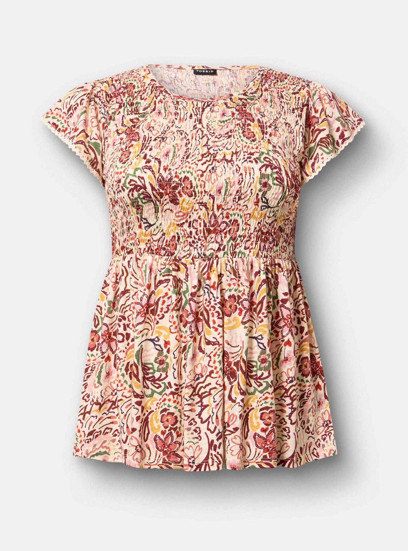 Smocked Crew Babydoll Top, MARIN BRUSH JACOBEAN MULTI, flat