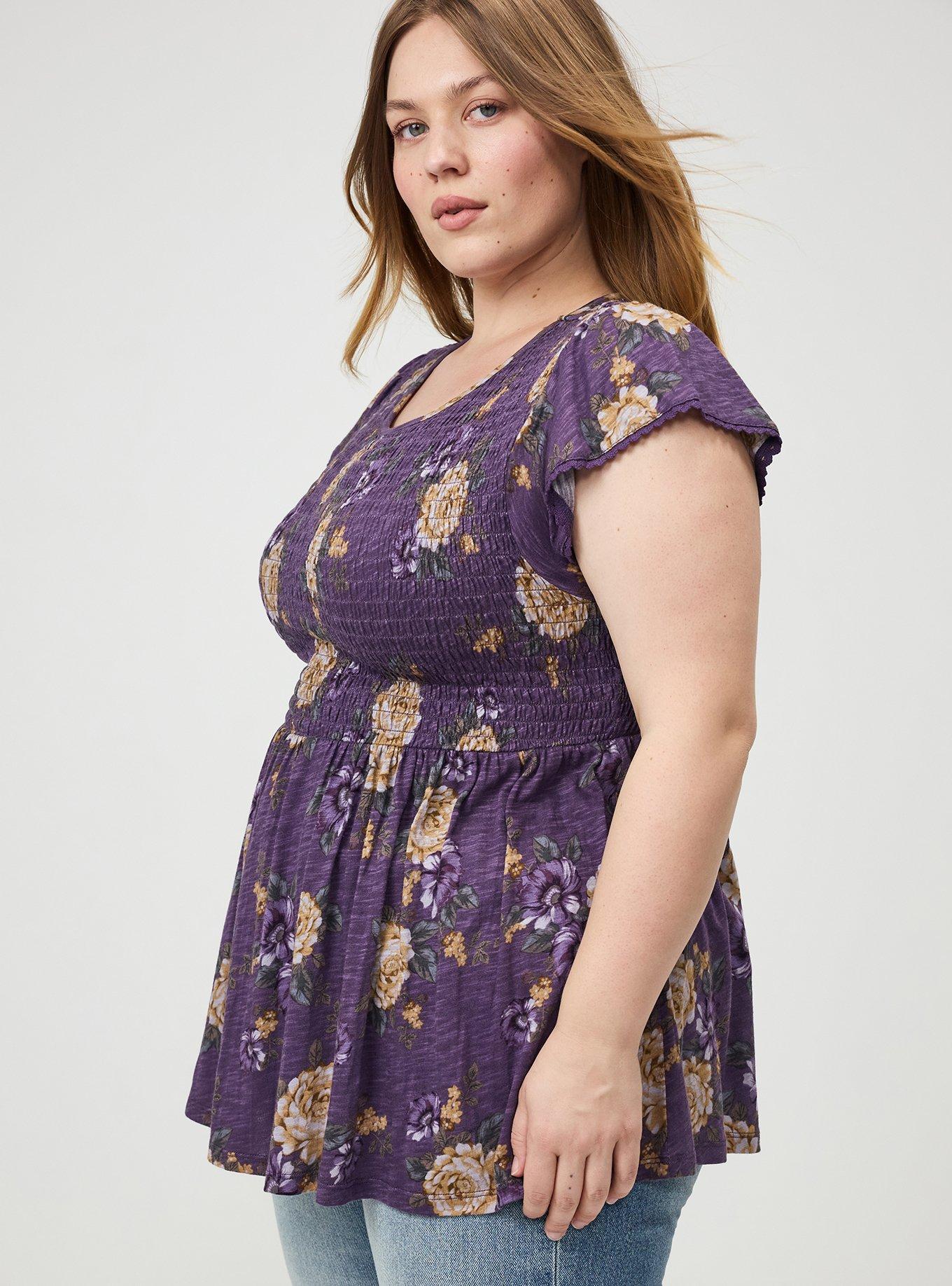 Smocked Crew Babydoll Top, BRENDA FLORAL PURPLE, alternate