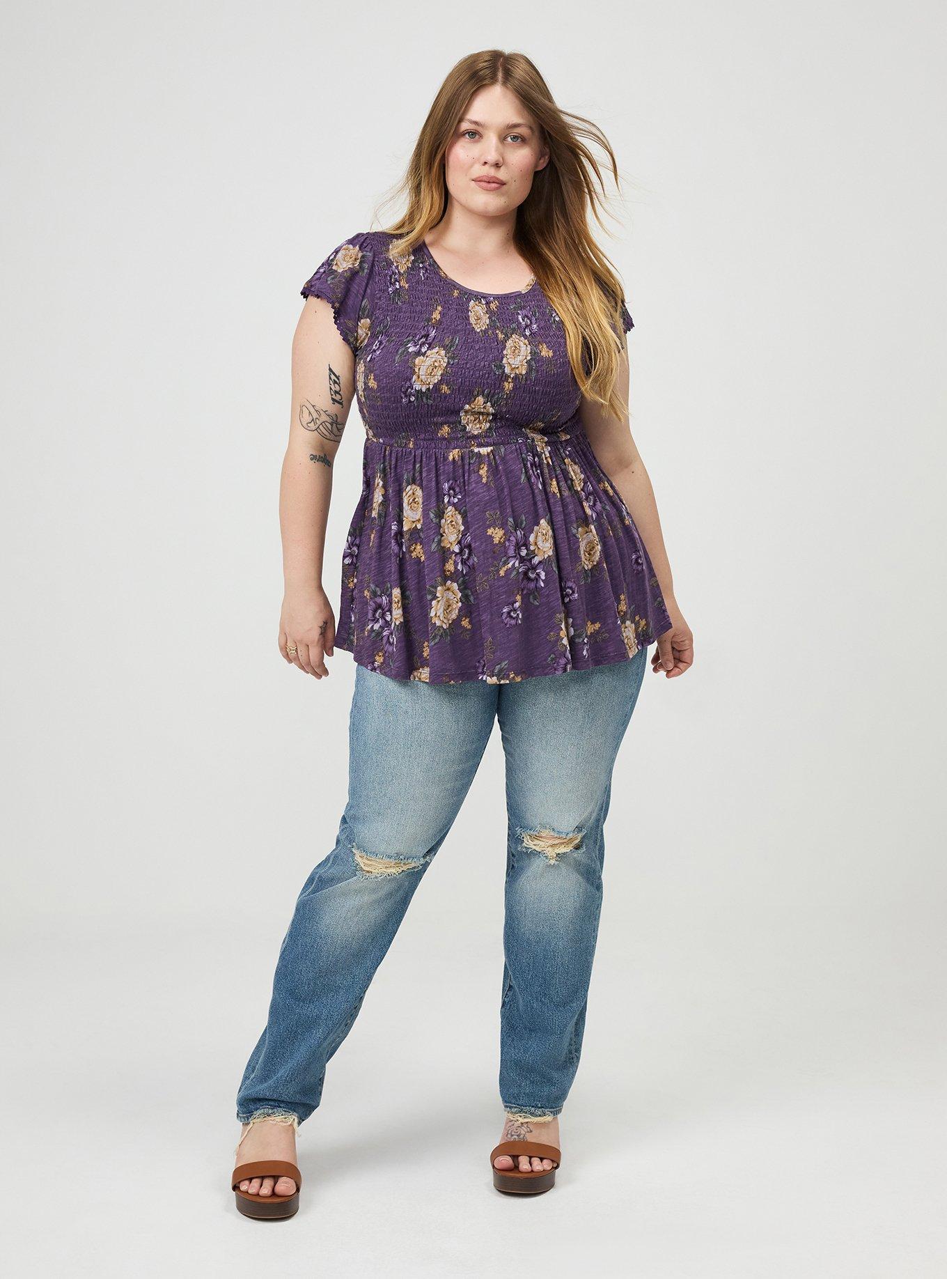 Smocked Crew Babydoll Top, BRENDA FLORAL PURPLE, alternate