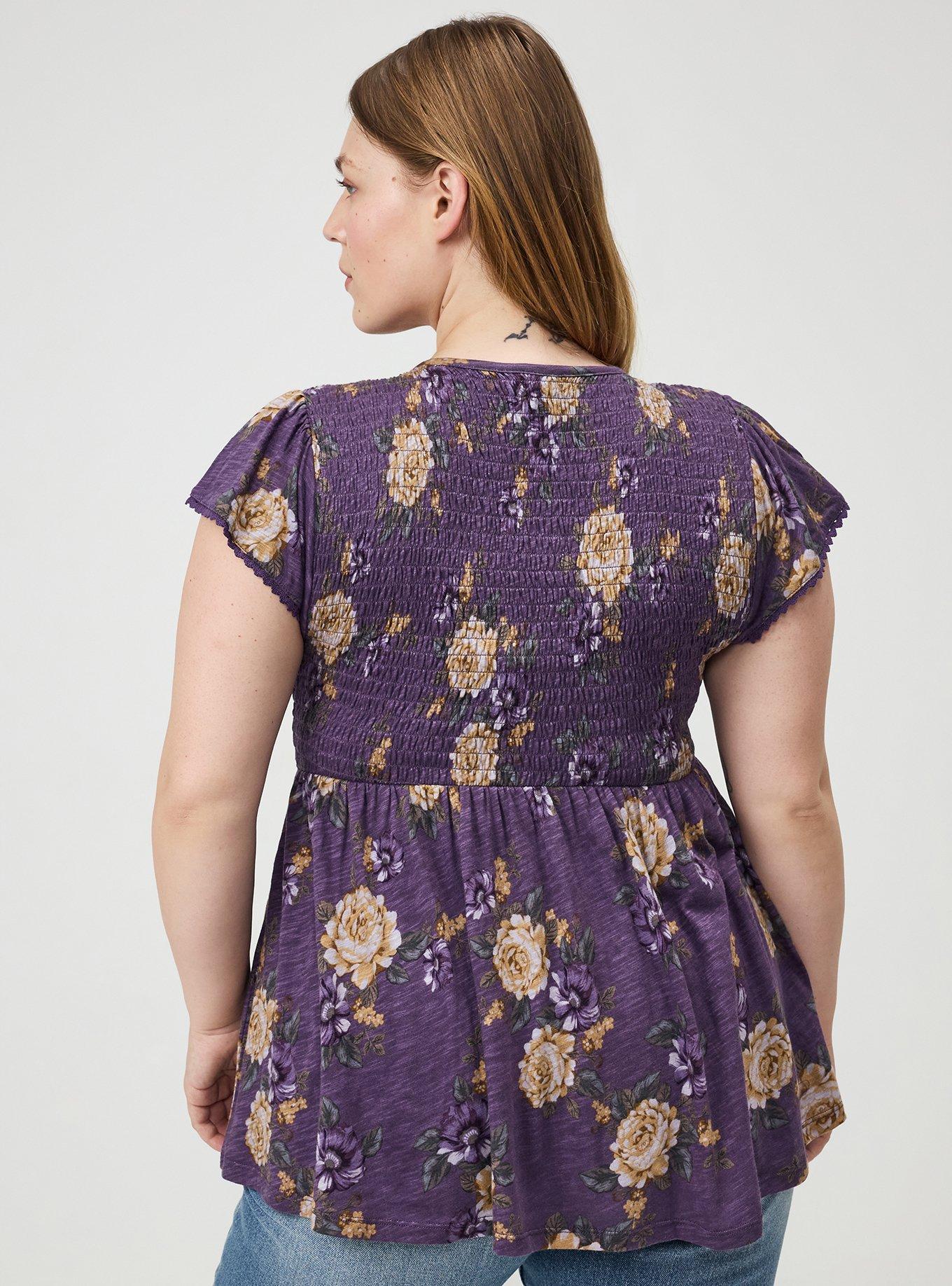 Smocked Crew Babydoll Top, BRENDA FLORAL PURPLE, alternate