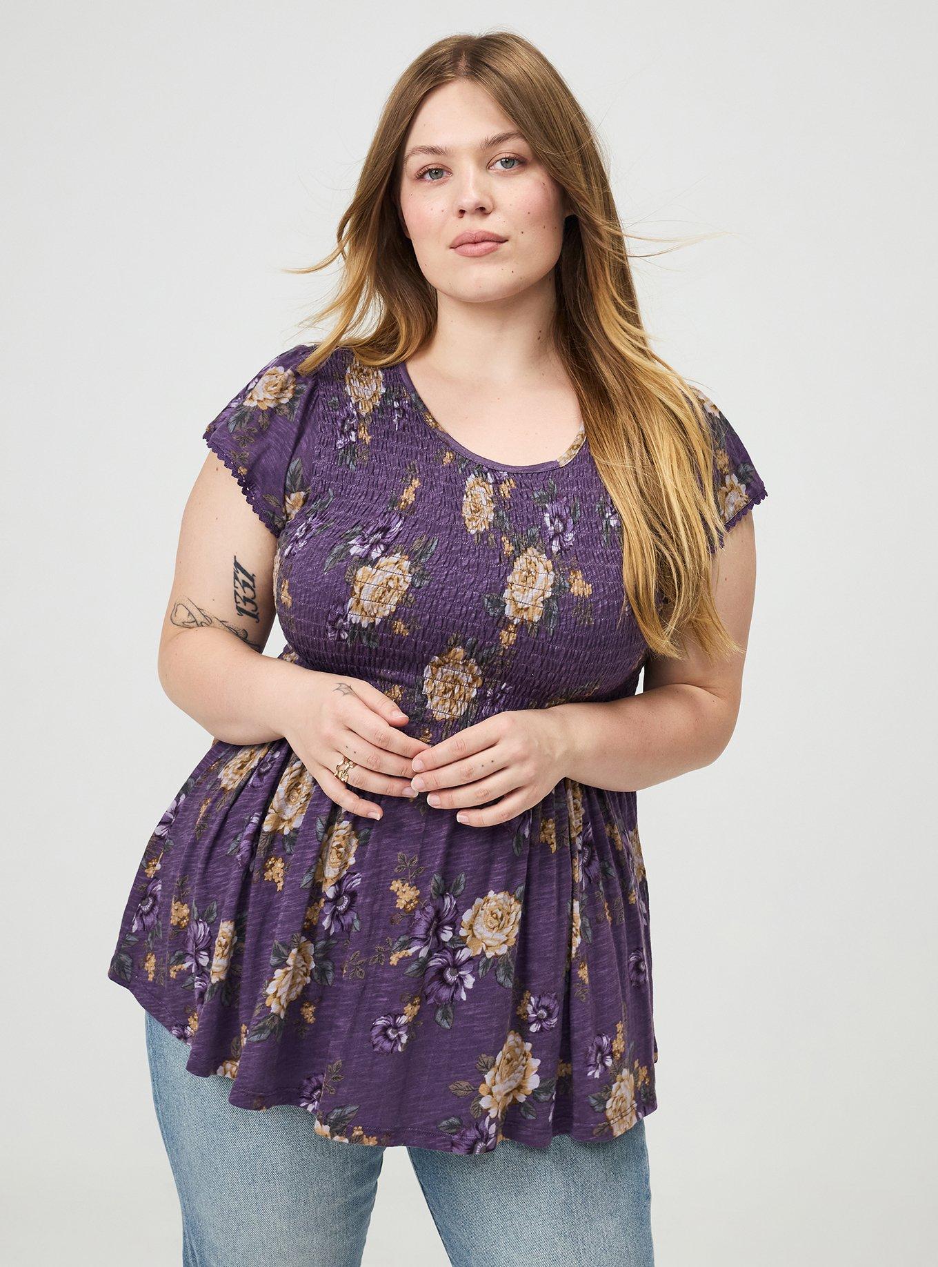 Smocked Crew Babydoll Top, BRENDA FLORAL PURPLE, alternate