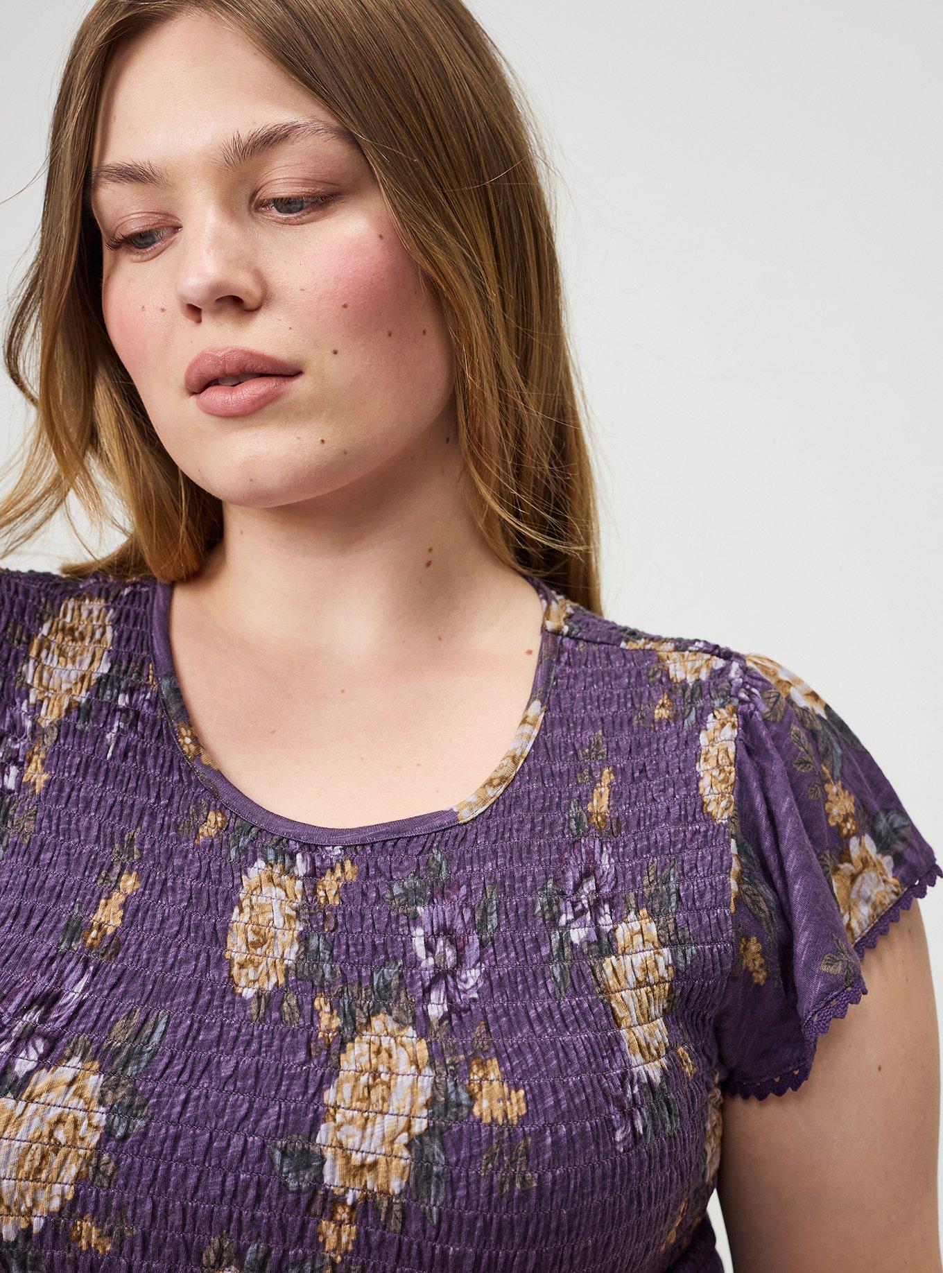 Smocked Crew Babydoll Top, BRENDA FLORAL PURPLE, alternate